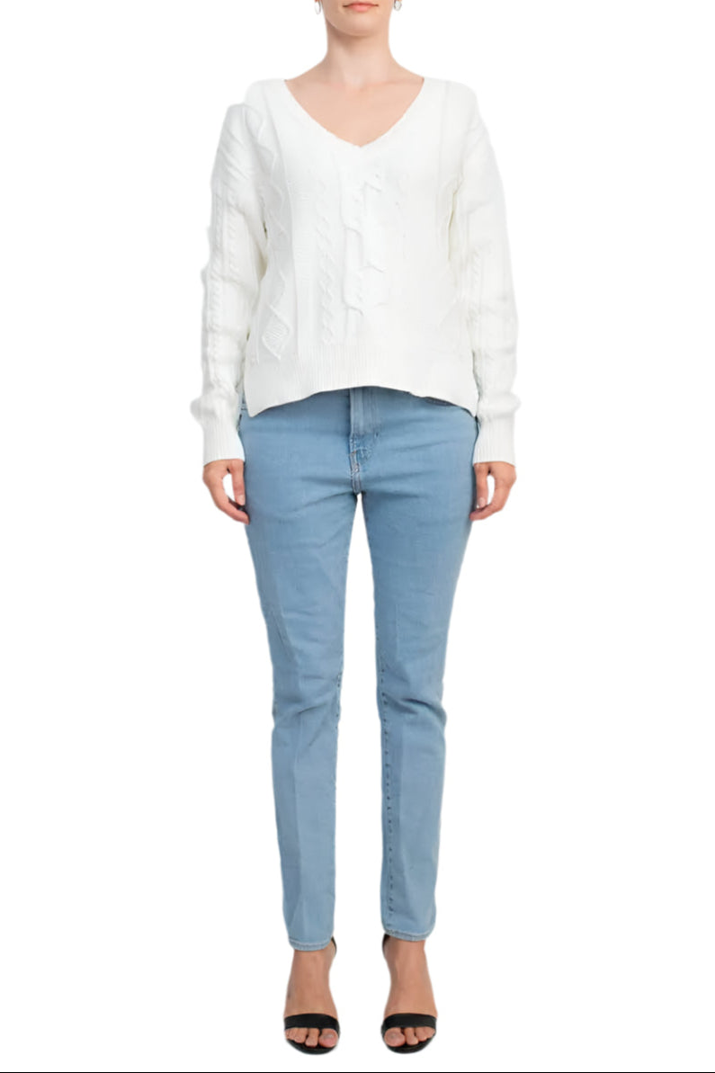 Velvet Heart V-Neck Long Sleeve Side Slit Hem Ribbed Hem and Cuff Sweater - IVORY - Front View