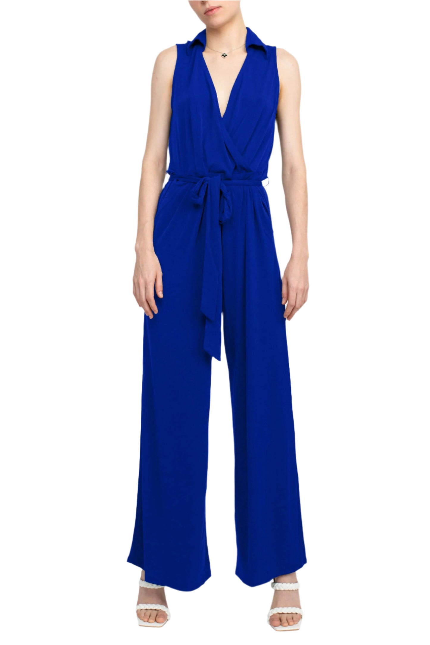 Nina Leonard V-Neck Collared Sleeveless Tie Waist Solid Jumpsuit - COBALT -  FRONT
