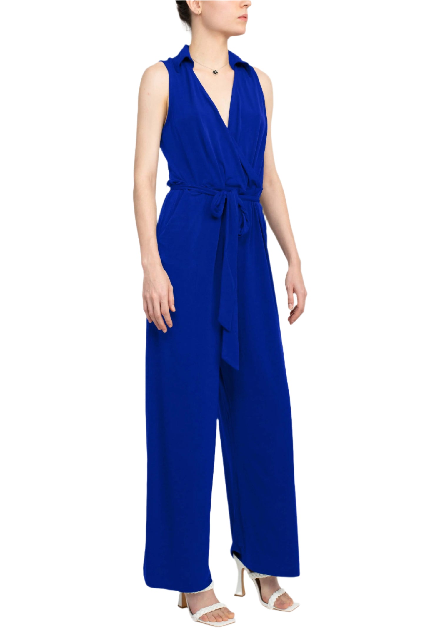 Nina Leonard V-Neck Collared Sleeveless Tie Waist Solid Jumpsuit - COBALT - SIDE