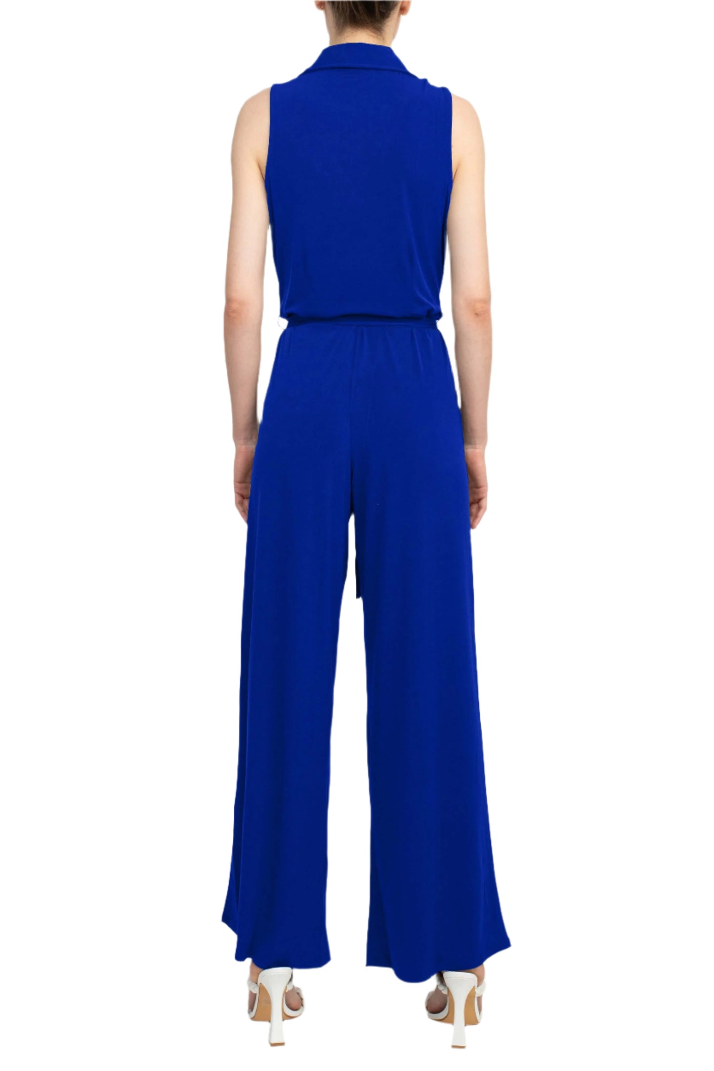 Nina Leonard V-Neck Collared Sleeveless Tie Waist Solid Jumpsuit - COBALT - BACK