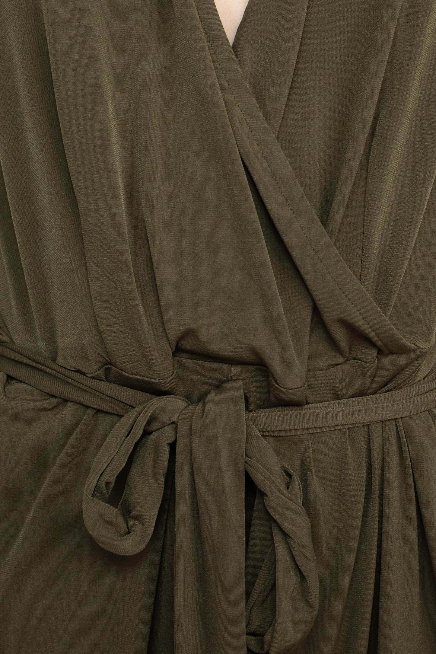 Nina Leonard V-Neck Collared Sleeveless Tie Waist Solid Jumpsuit - DARK OLIVE -  TIE WAIST