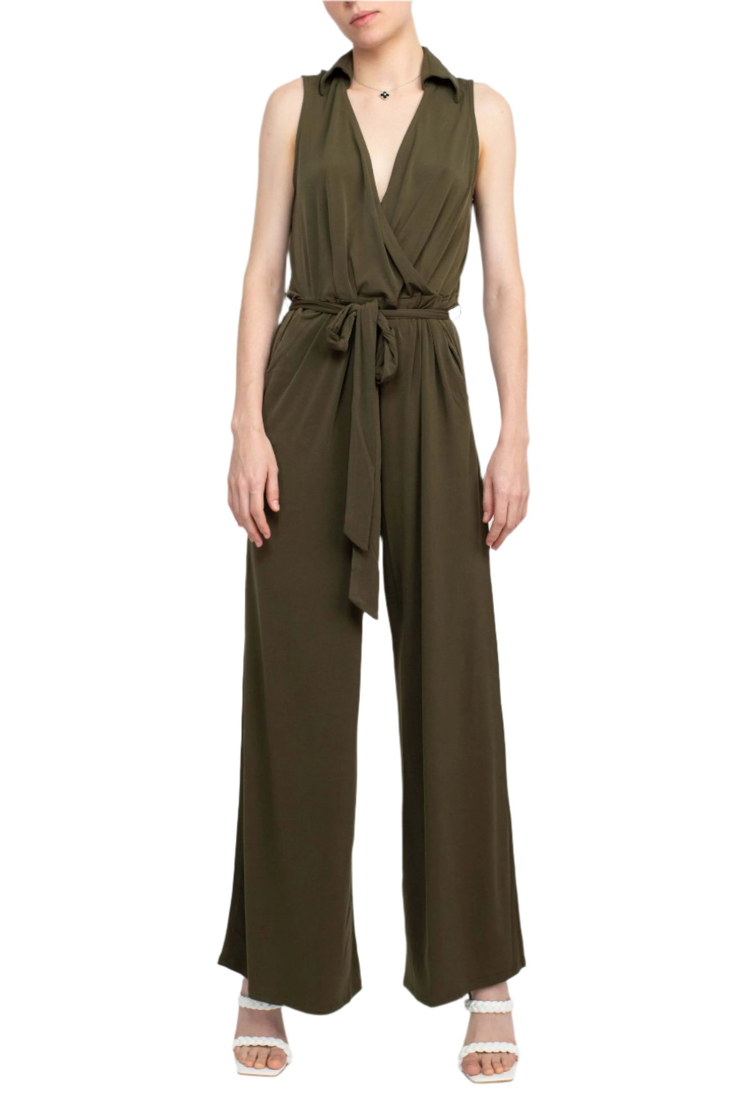 Nina Leonard V-Neck Collared Sleeveless Tie Waist Solid Jumpsuit - DARK OLIVE -  FRONT
