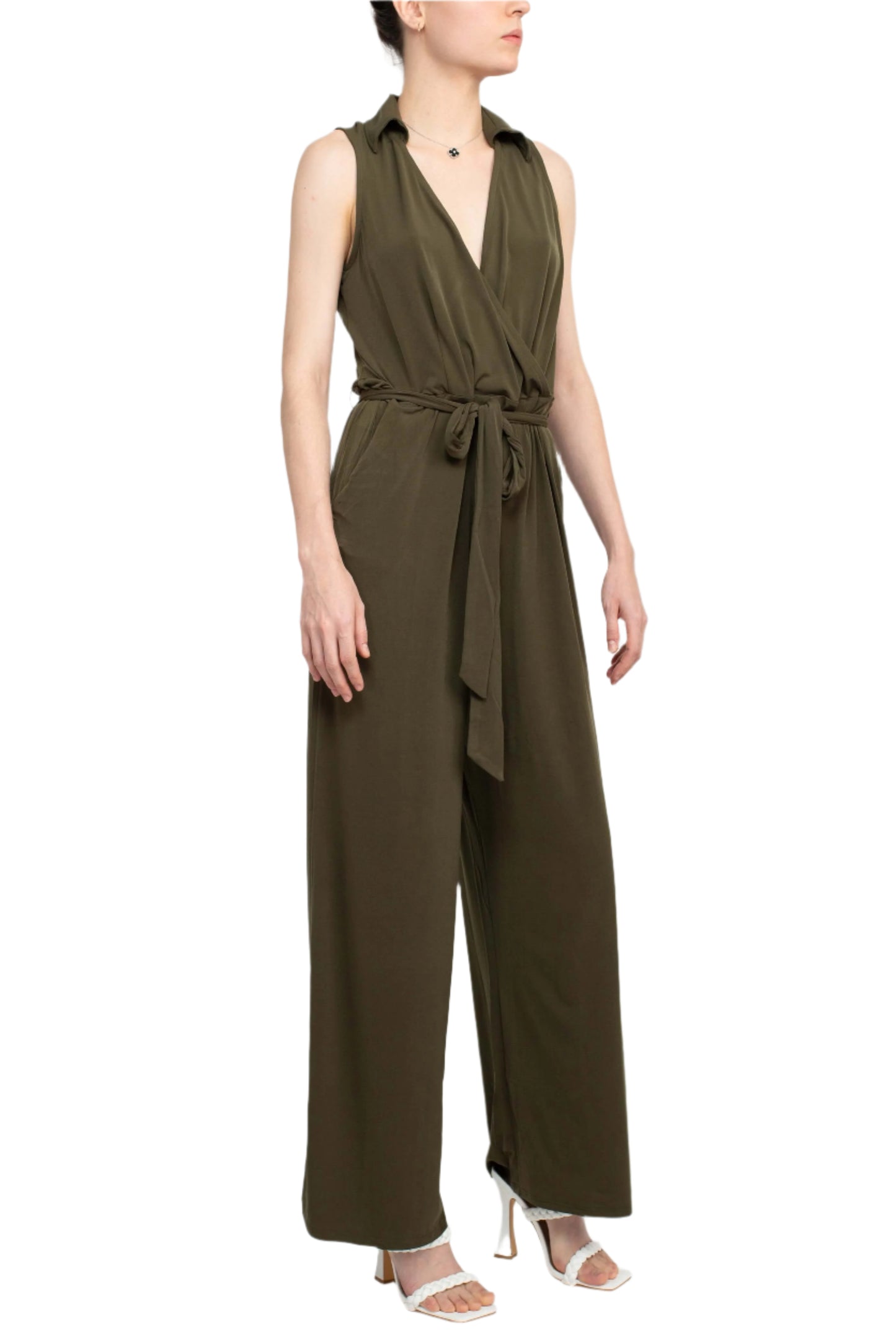 Nina Leonard V-Neck Collared Sleeveless Tie Waist Solid Jumpsuit - DARK OLIVE - SIDE