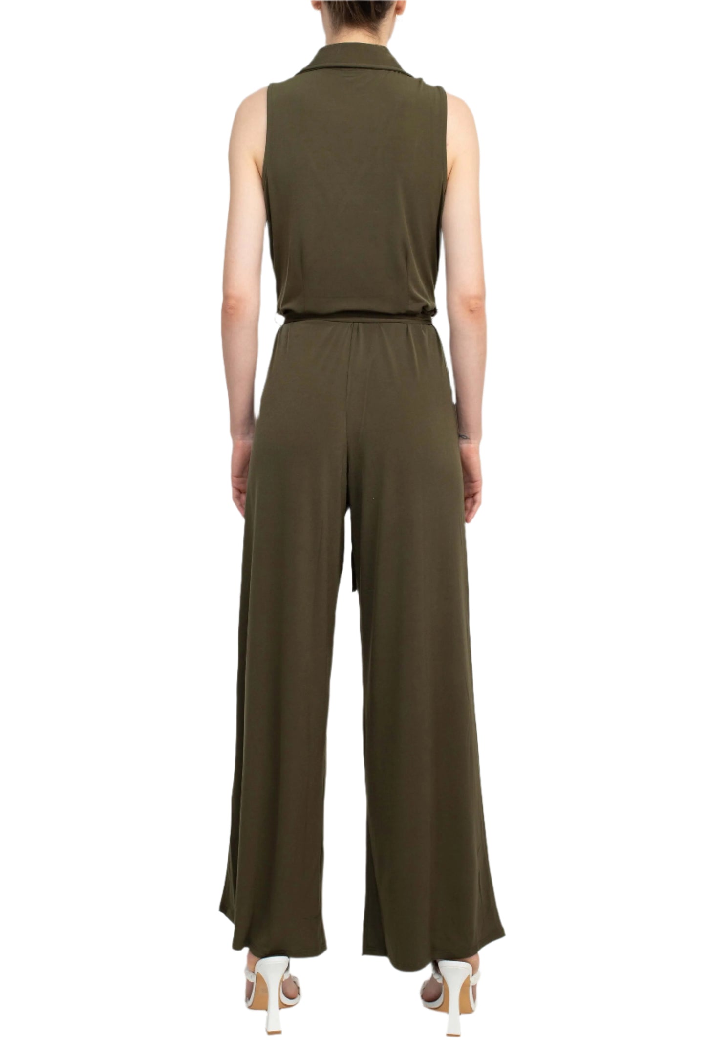 Nina Leonard V-Neck Collared Sleeveless Tie Waist Solid Jumpsuit - DARK OLIVE -  BACK
