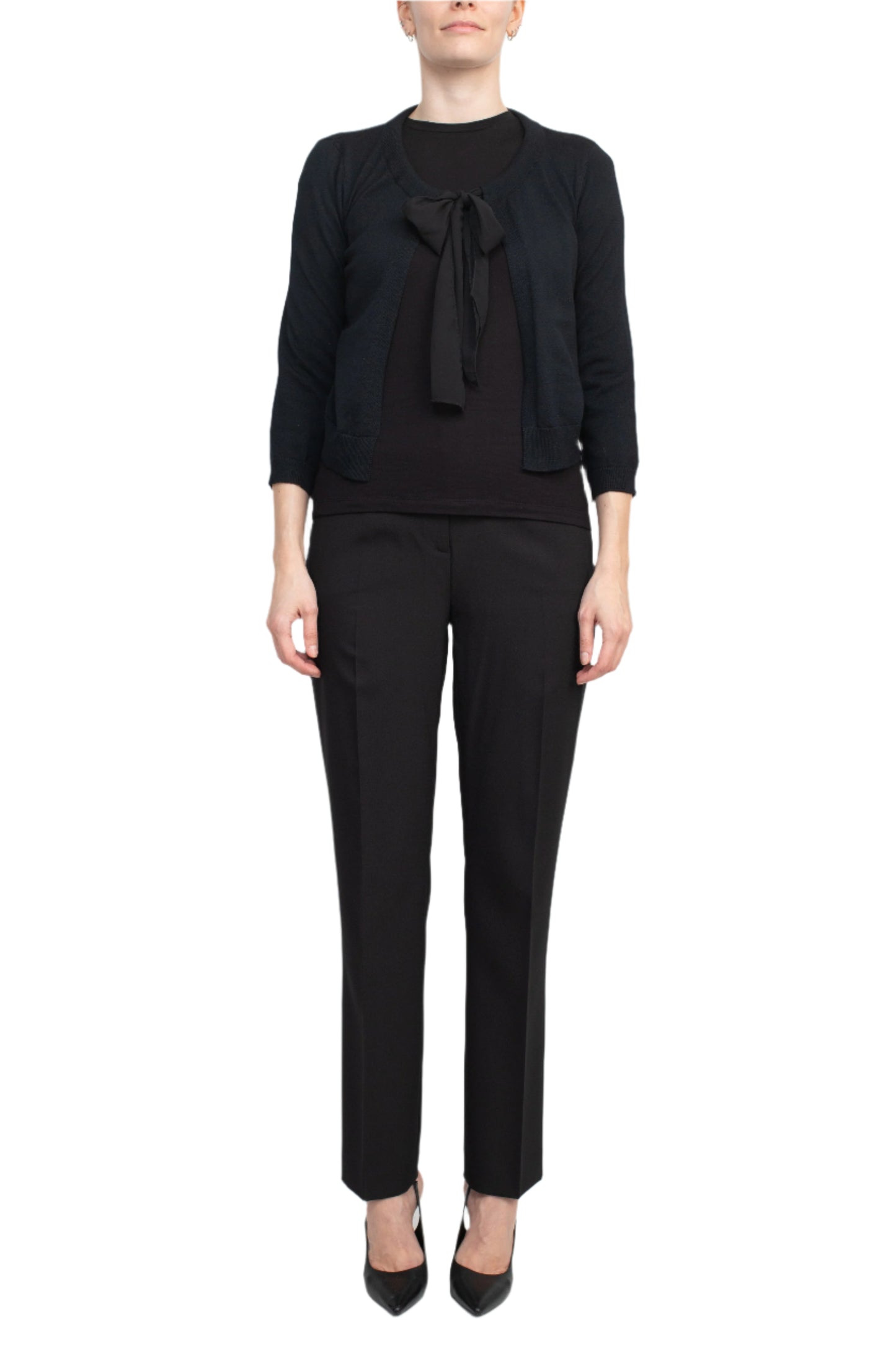 Nina Leonard Crew Neck Tie Neck 3/4 Sleeve Open Front Solid Rayon Bolero - BLACK - front full view