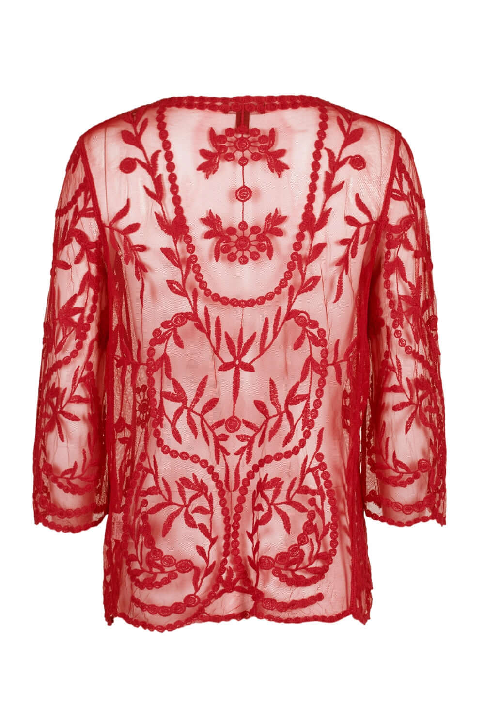Nina Leonard V-Neck Open Front 3/4 Sleeve Floral Embroidered Mesh Jacket - RED - Back