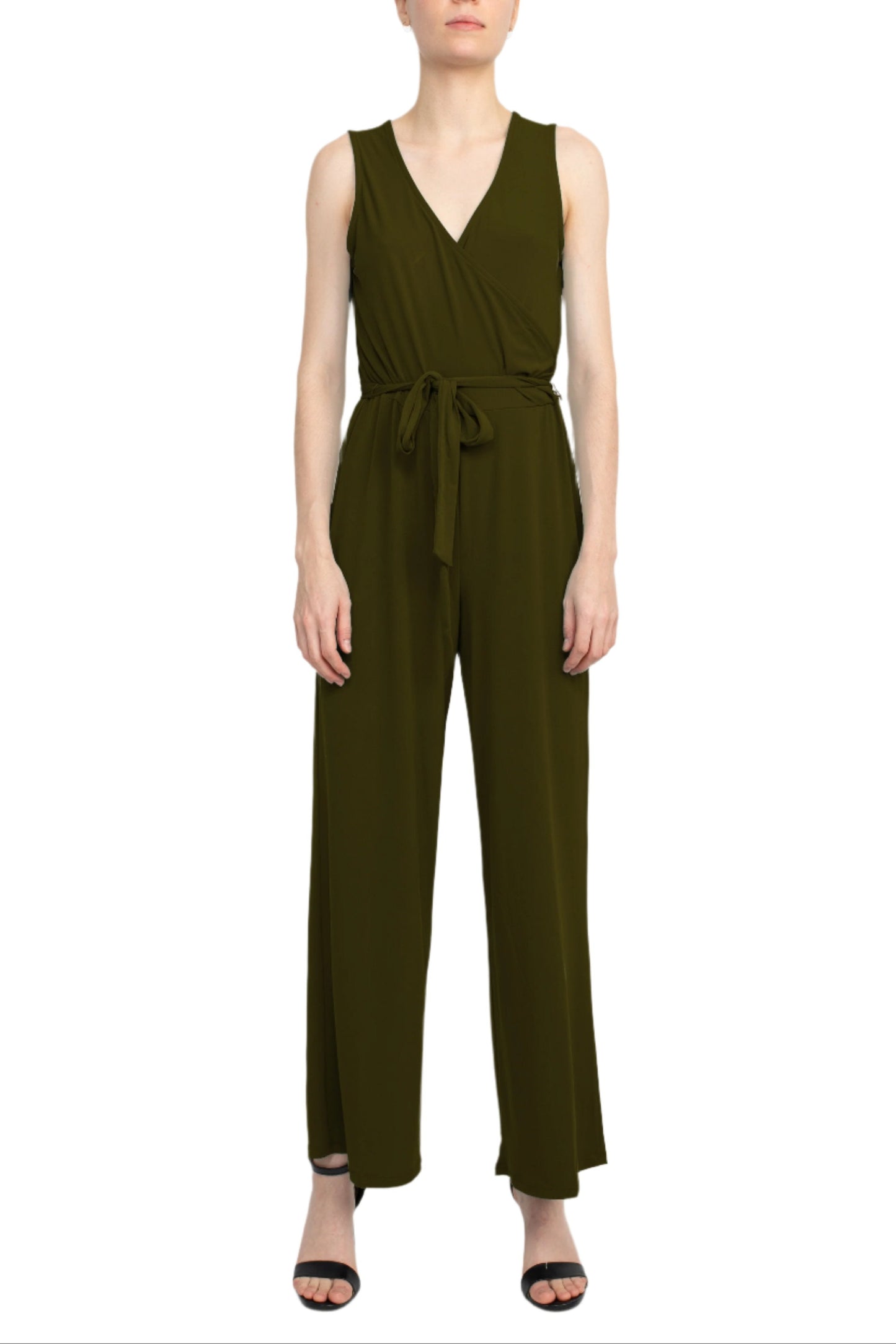 Nina Leonard V-Neck Back Zipper Sleeveless Front Tie Waist Jersey Jumpsuit - DARK OLIVE - Front