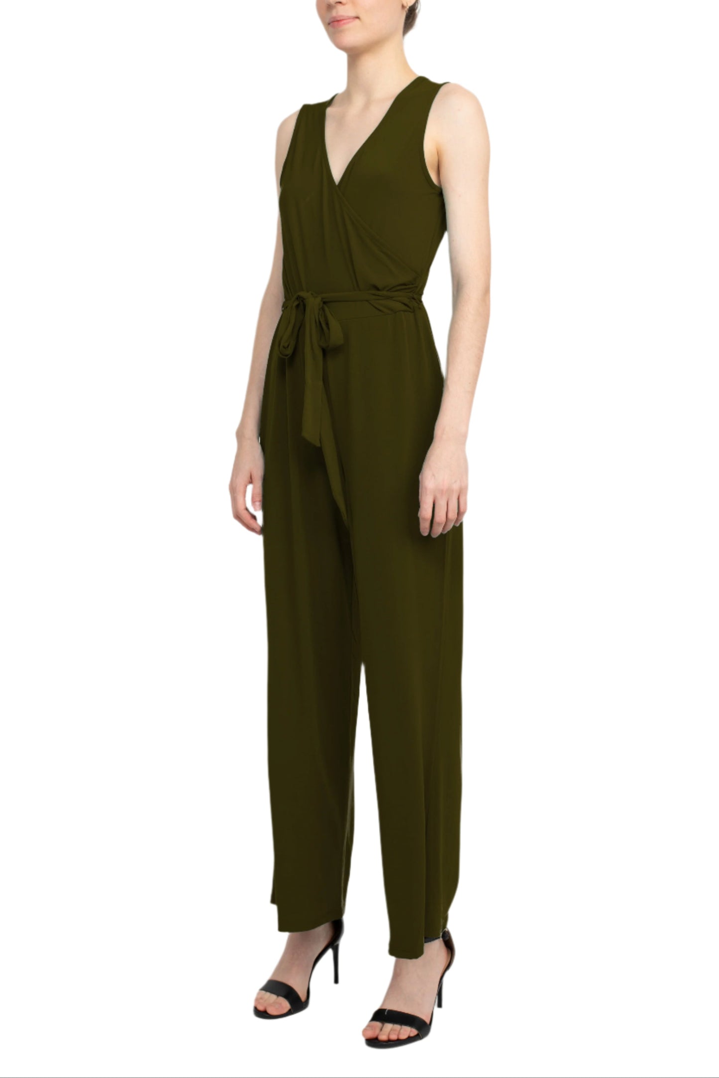 Nina Leonard V-Neck Back Zipper Sleeveless Front Tie Waist Jersey Jumpsuit - DARK OLIVE - Side