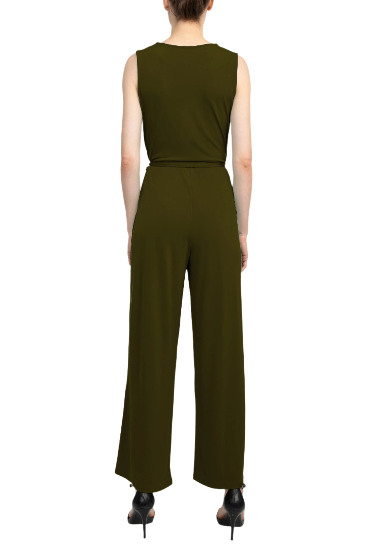 Nina Leonard V-Neck Back Zipper Sleeveless Front Tie Waist Jersey Jumpsuit - DARK OLIVE - Back