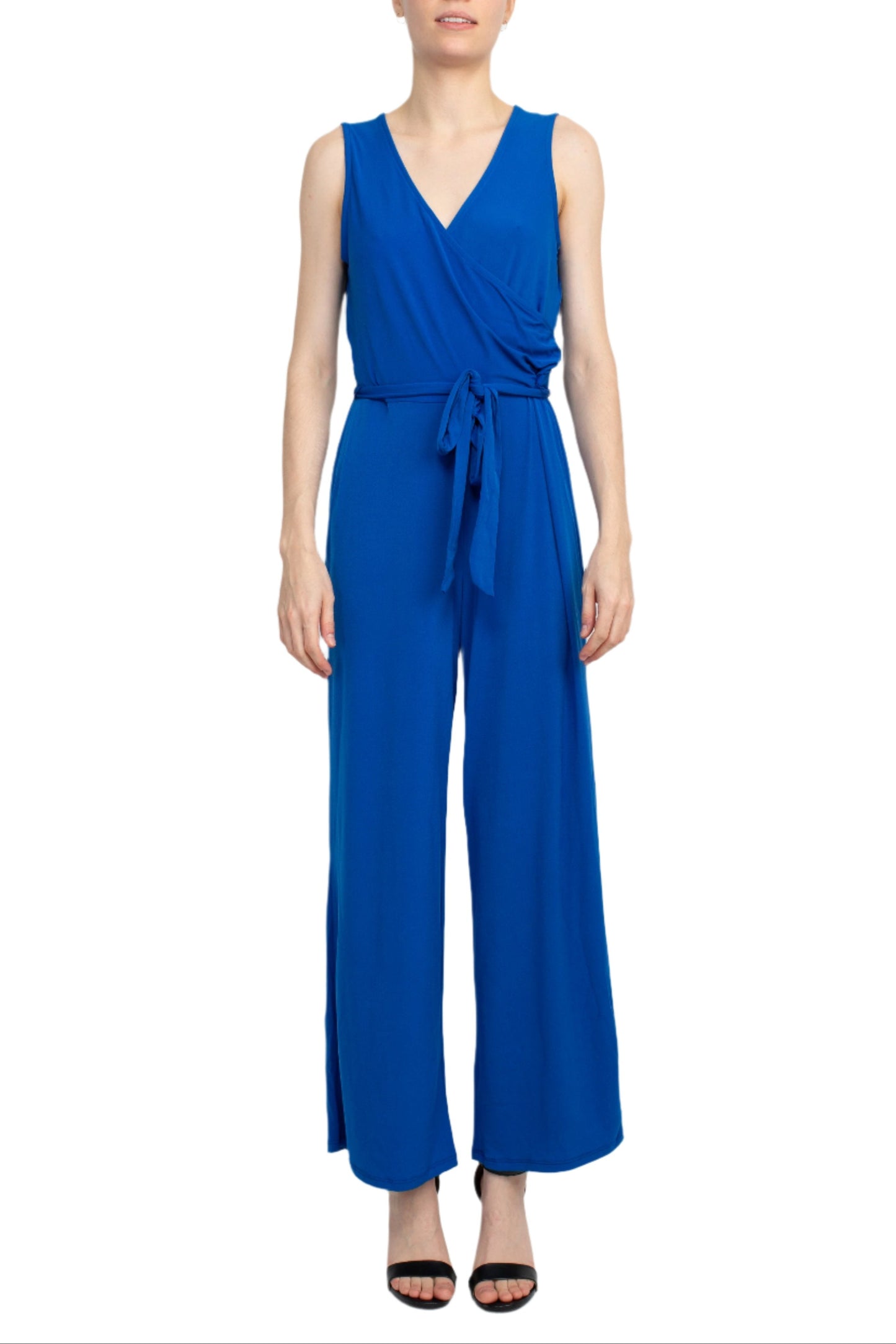 Nina Leonard V-Neck Back Zipper Sleeveless Front Tie Waist Jersey Jumpsuit - DEEP SEA - Front