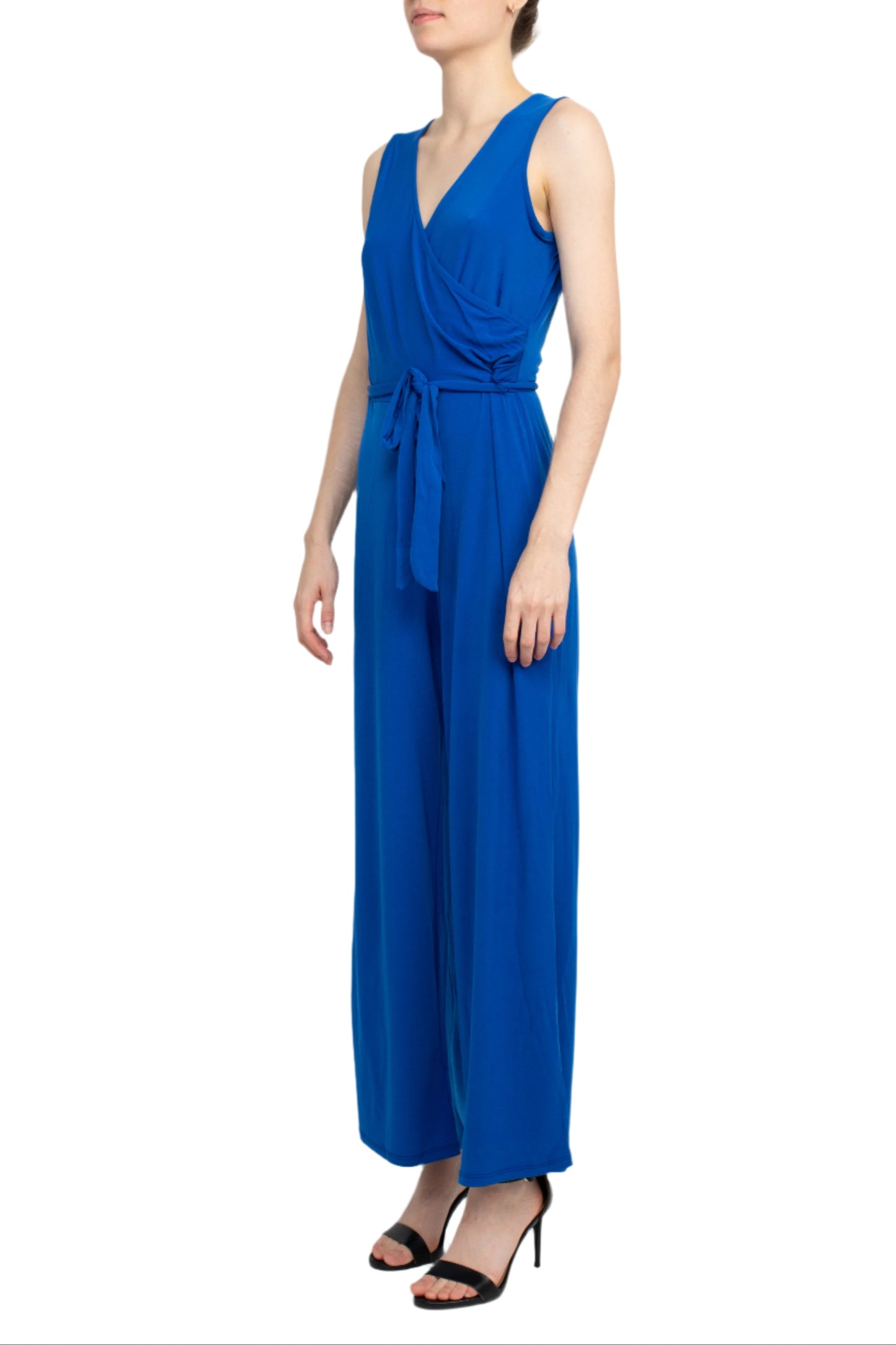 Nina Leonard V-Neck Back Zipper Sleeveless Front Tie Waist Jersey Jumpsuit - DEEP SEA - Side
