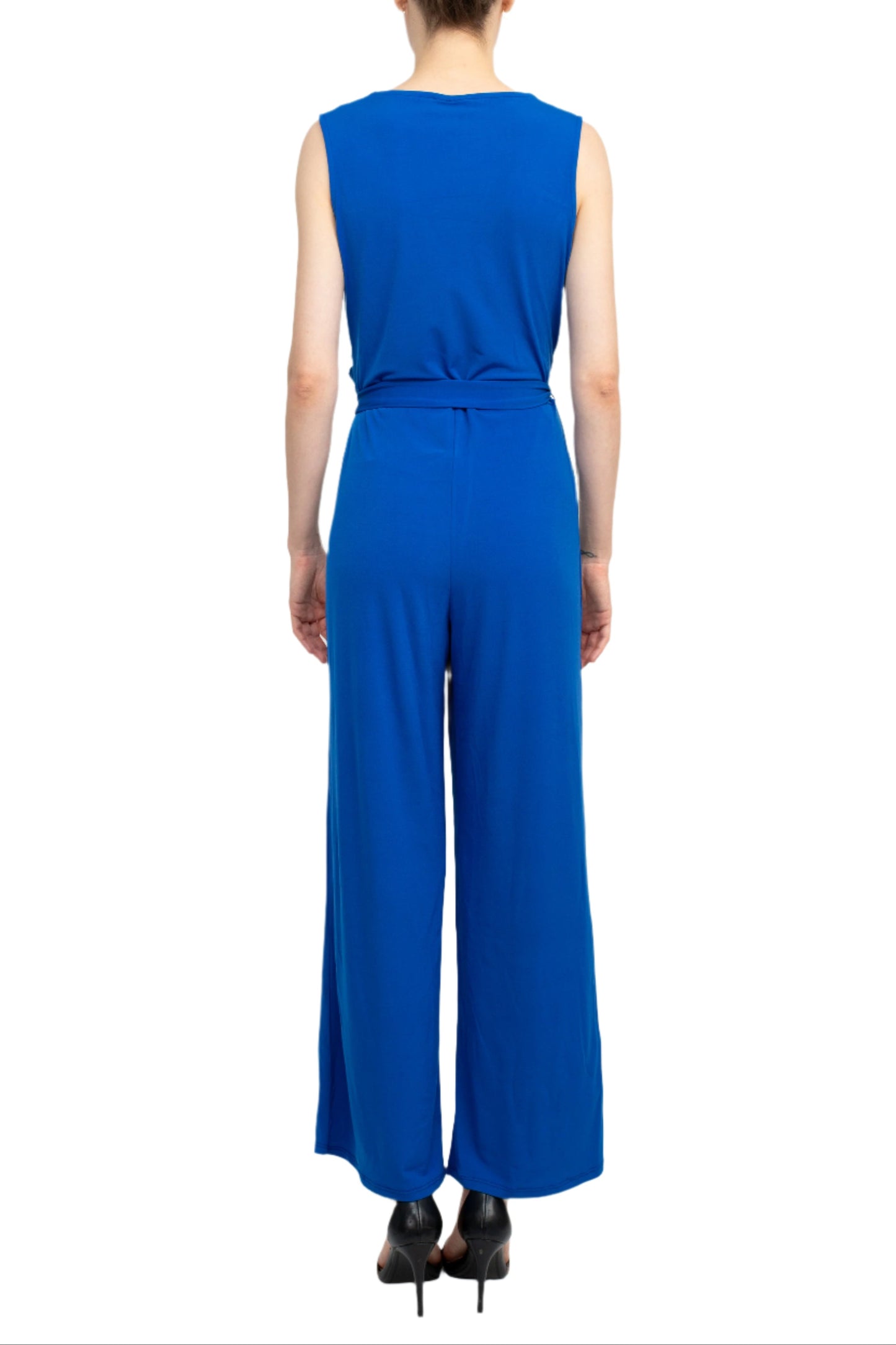Nina Leonard V-Neck Back Zipper Sleeveless Front Tie Waist Jersey Jumpsuit - DEEP SEA - Back