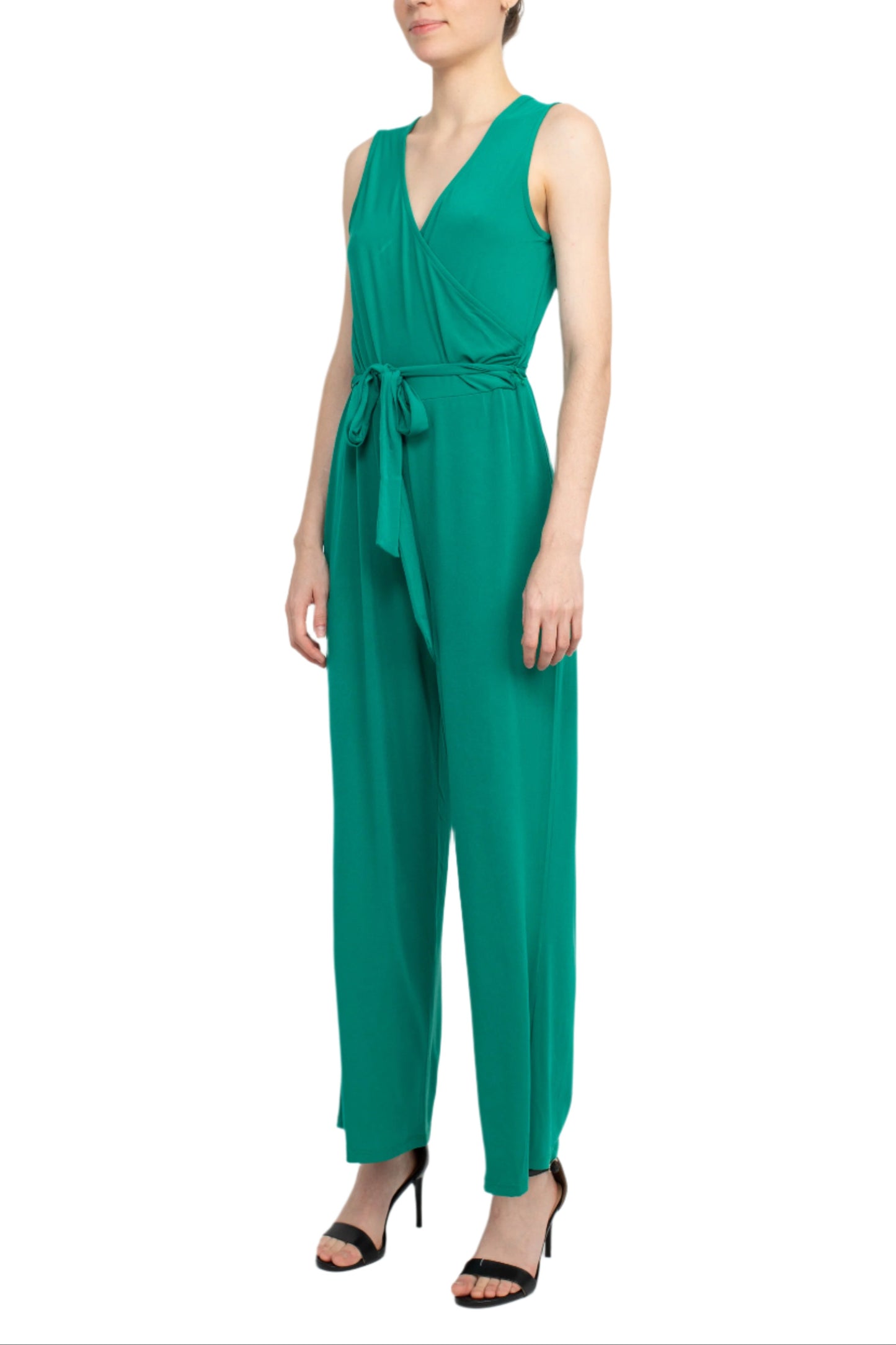 Nina Leonard V-Neck Back Zipper Sleeveless Front Tie Waist Jersey Jumpsuit - KELLY GREEN - Side