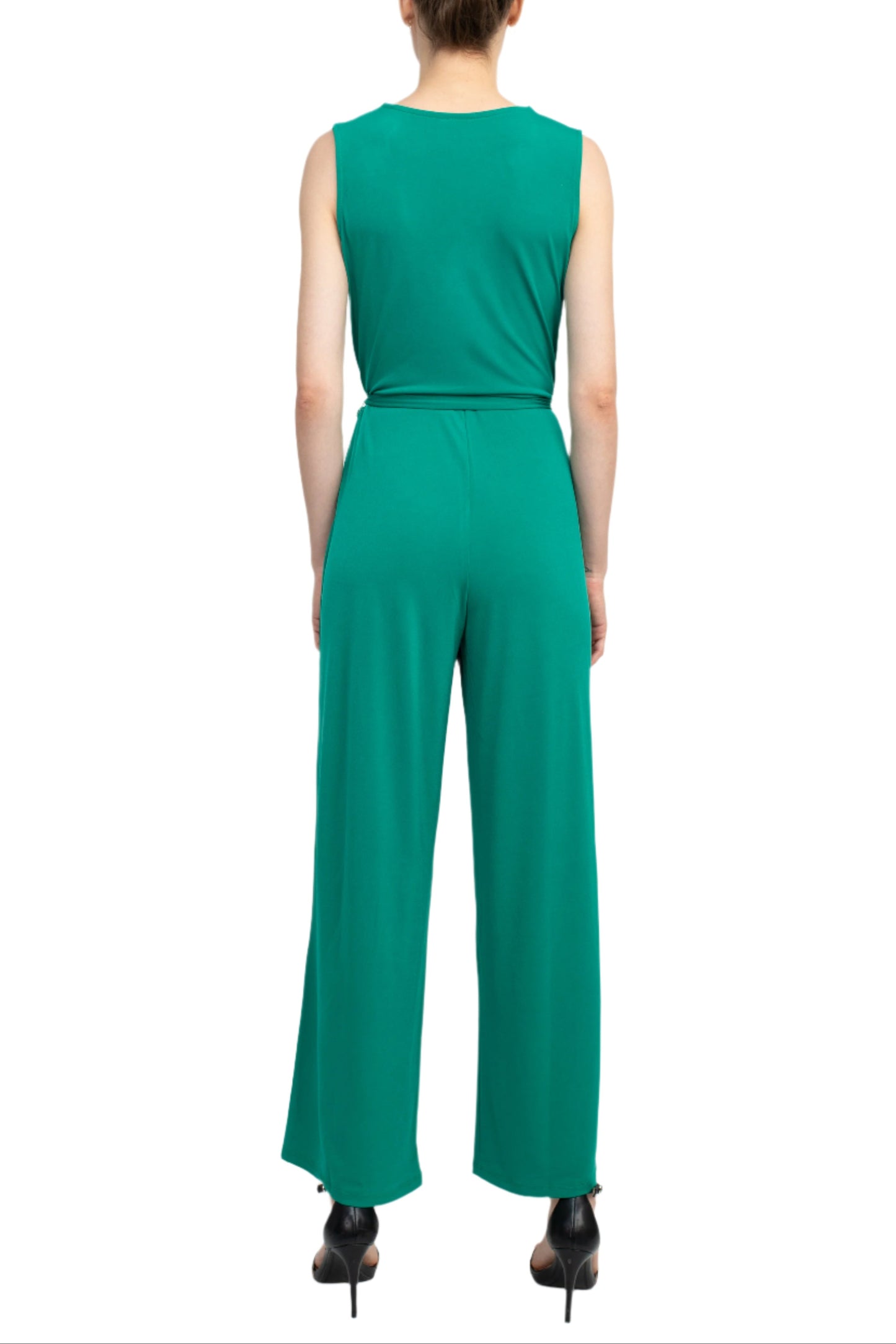 Nina Leonard V-Neck Back Zipper Sleeveless Front Tie Waist Jersey Jumpsuit - KELLY GREEN - Back