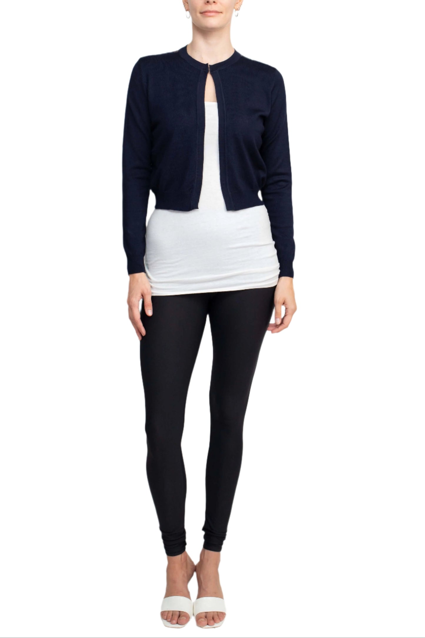 Luxxe Lane Crew Neck Open Front Hook Eye Closure Long Sleeve Lace Back Knit Bolero - NAVY - Front Full View