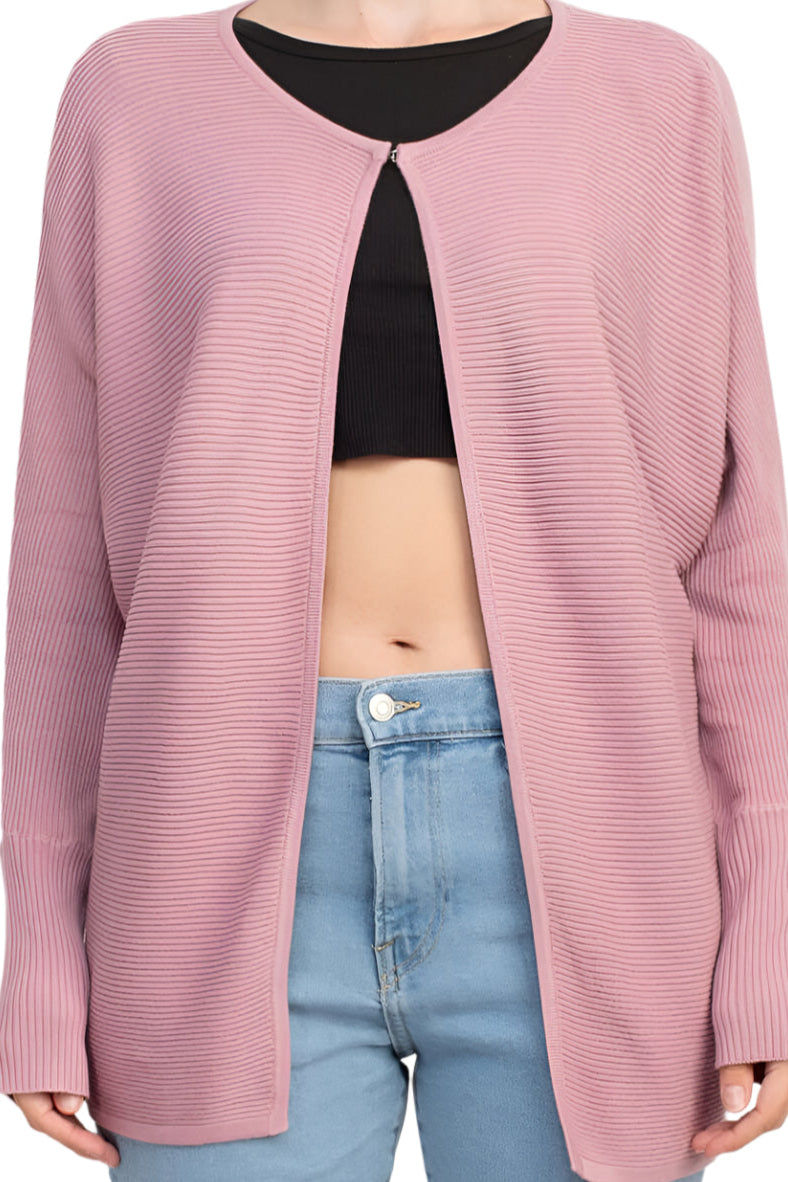Lissy Crew Neck Open Front Long Sleeve Knit Cardigan - DARK PINK - Fabric