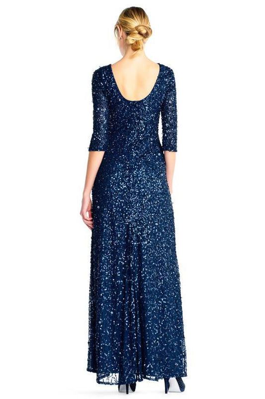 Scoop Neck Floor-Length Sequined Evening Gown with Quarter-Length Sleeves Formal Dress Adrianna Papell 91919970