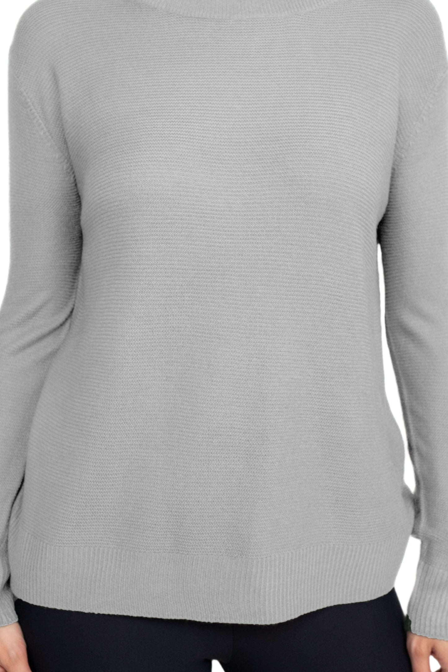 Melrose Chic Crew Neck Long Sleeve Knit Top - LIGHT GREY - Fabric