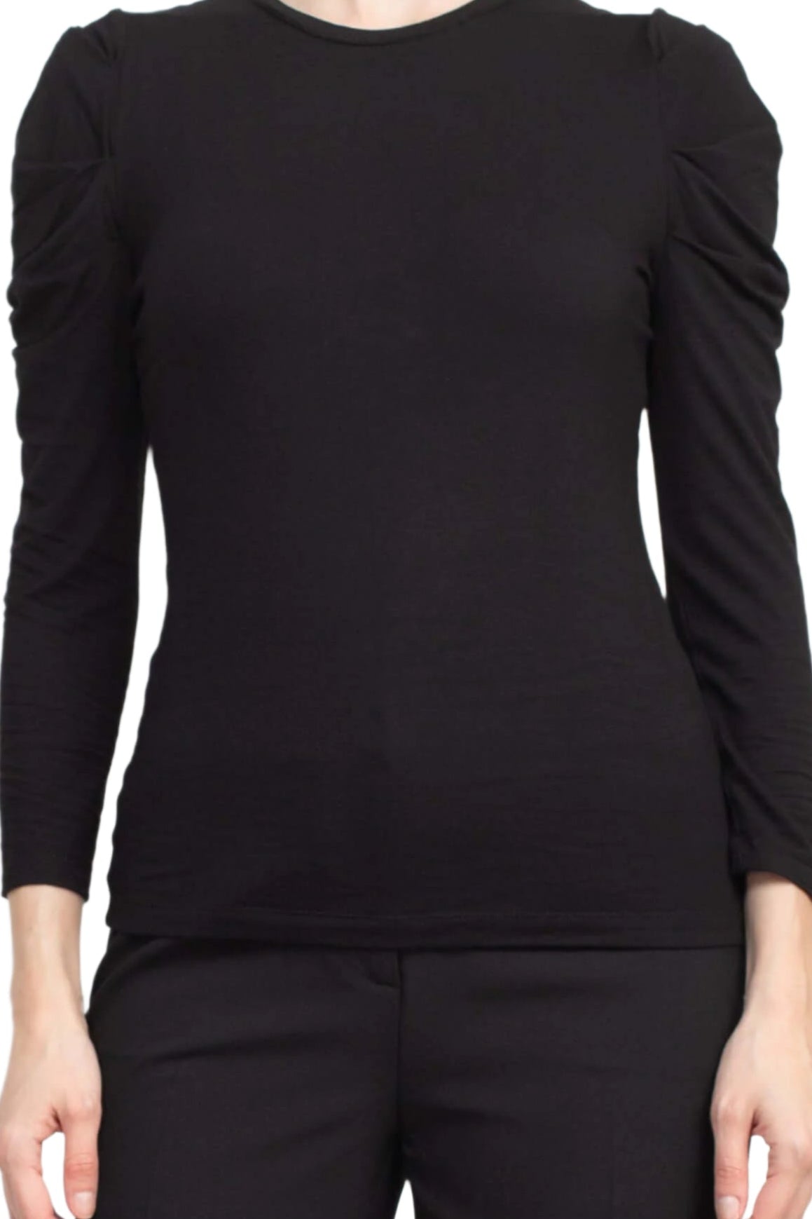Catherine Malandrino Crew Neck Long Sleeve Ruched Shoulder Solid Knit Top - BLACK - Fabric