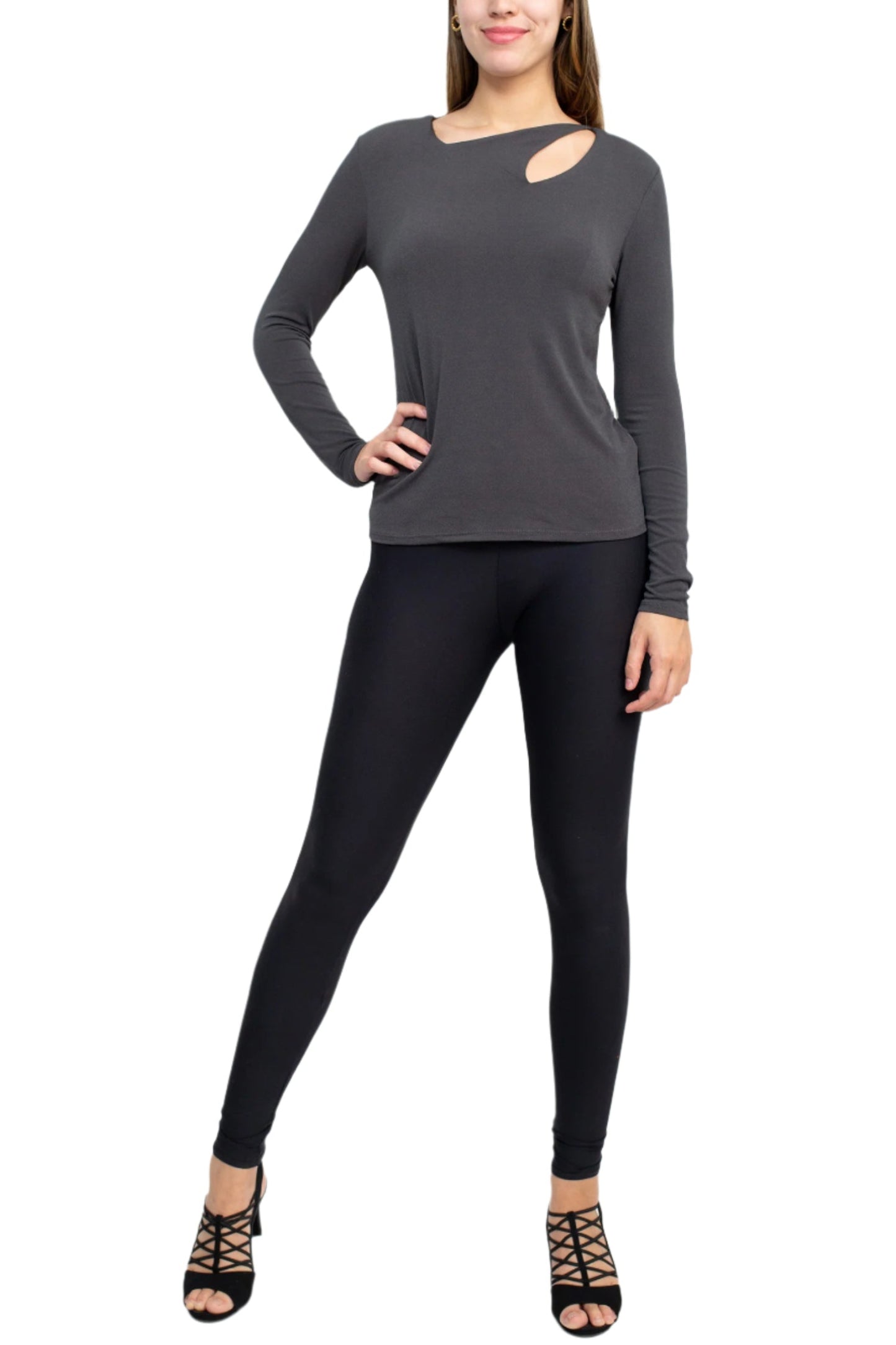 Catherine Malandrino Asymmetrical Cutout Neck Long Sleeve Solid Crepe Top - CARBON - Front View