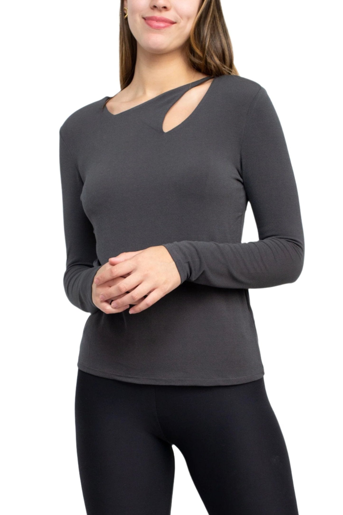 Catherine Malandrino Asymmetrical Cutout Neck Long Sleeve Solid Crepe Top - CARBON - Front