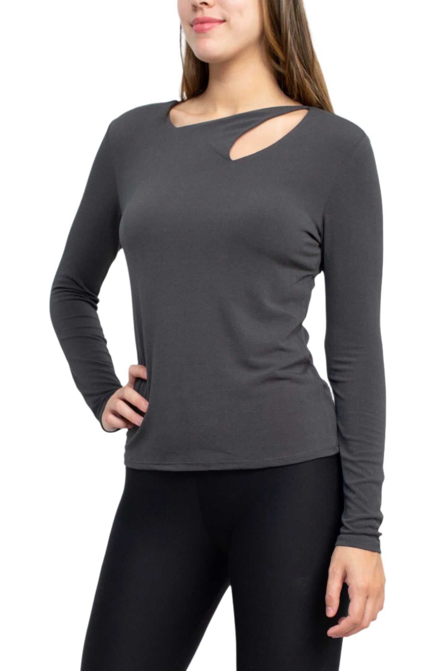 Catherine Malandrino Asymmetrical Cutout Neck Long Sleeve Solid Crepe Top - CARBON - Side