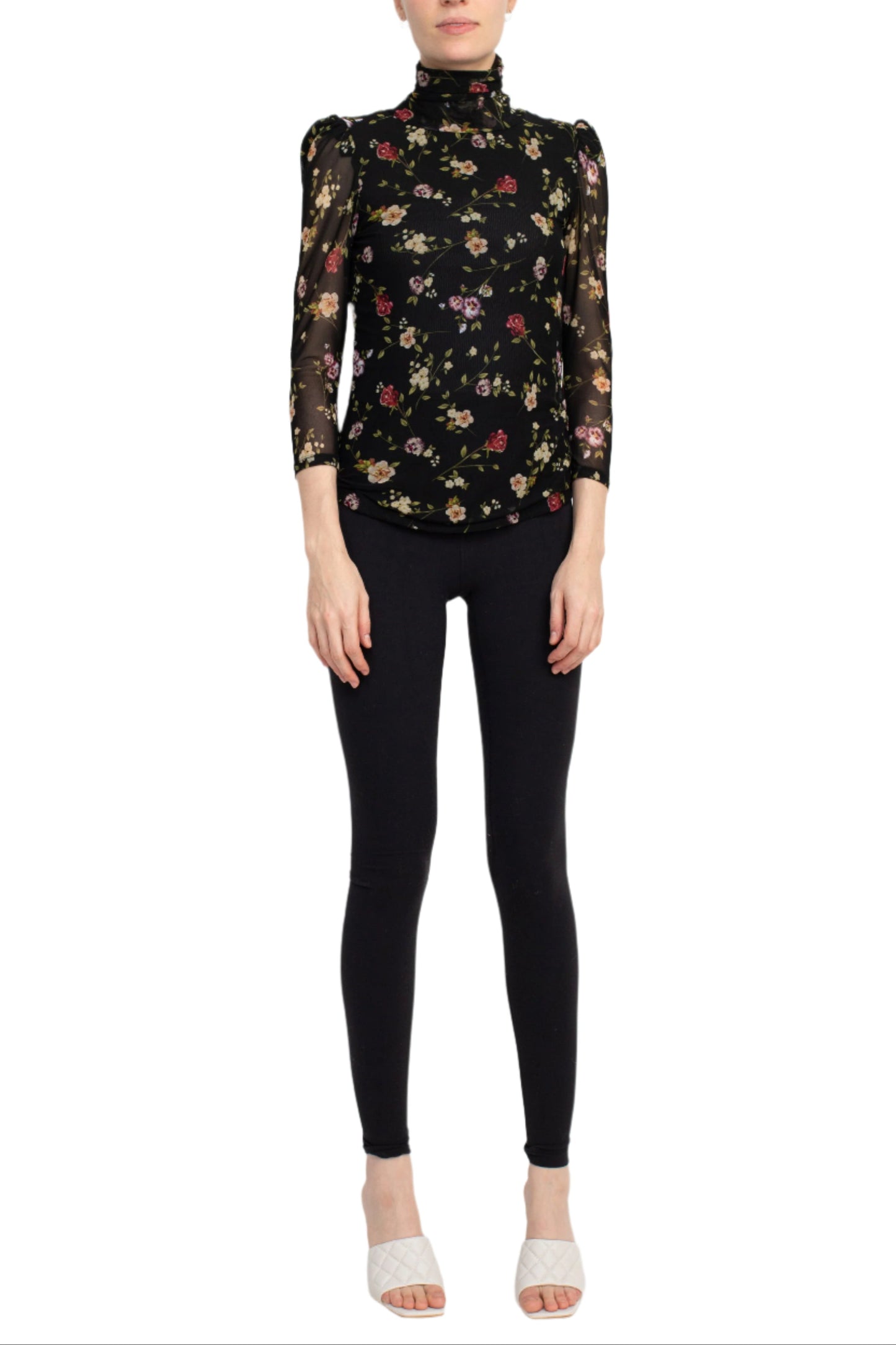 Catherine Malandrino Turtle Neck 3/4 Sleeves Top - FLORAL - Front Full View