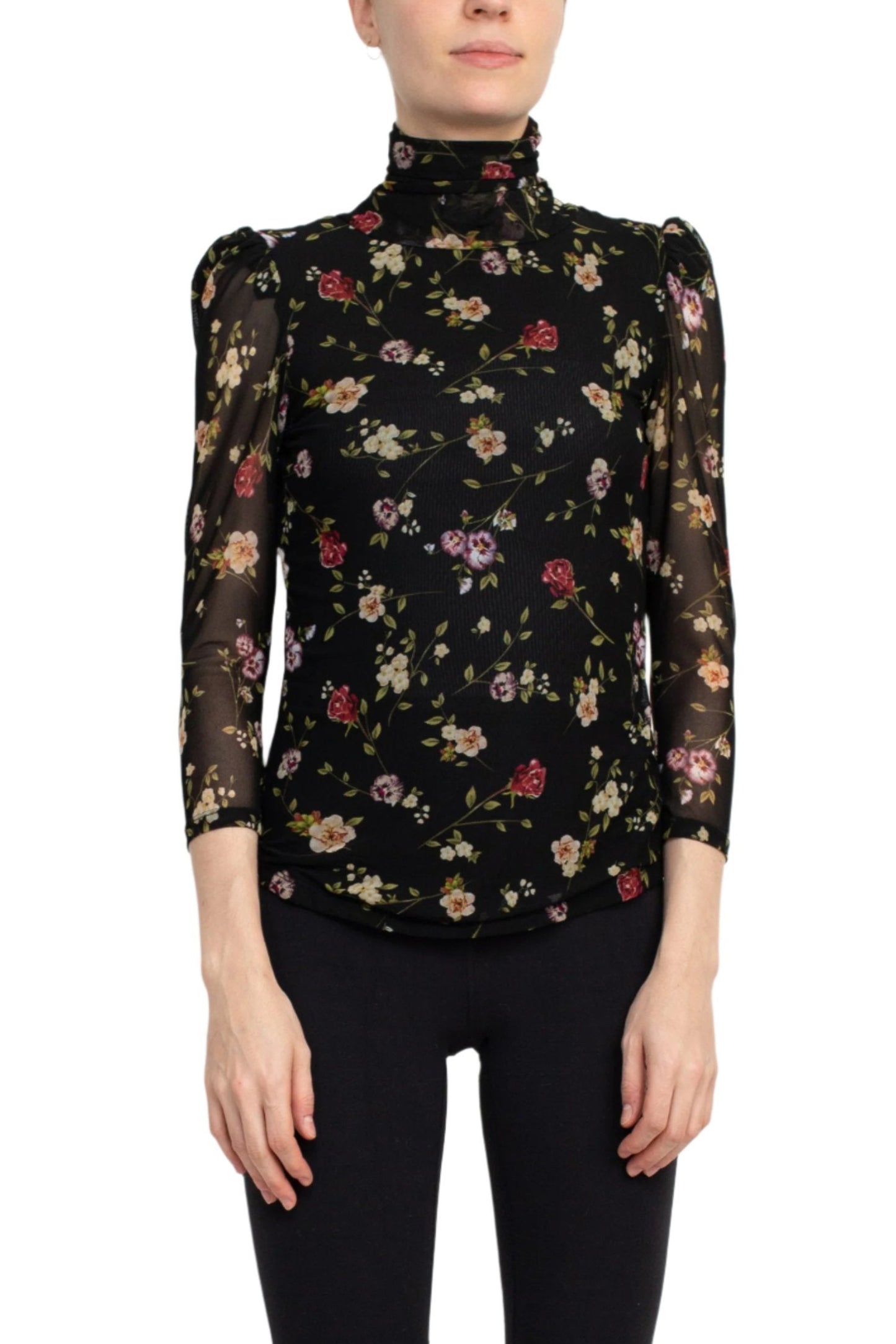 Catherine Malandrino Turtle Neck 3/4 Sleeves Top - FLORAL - Front