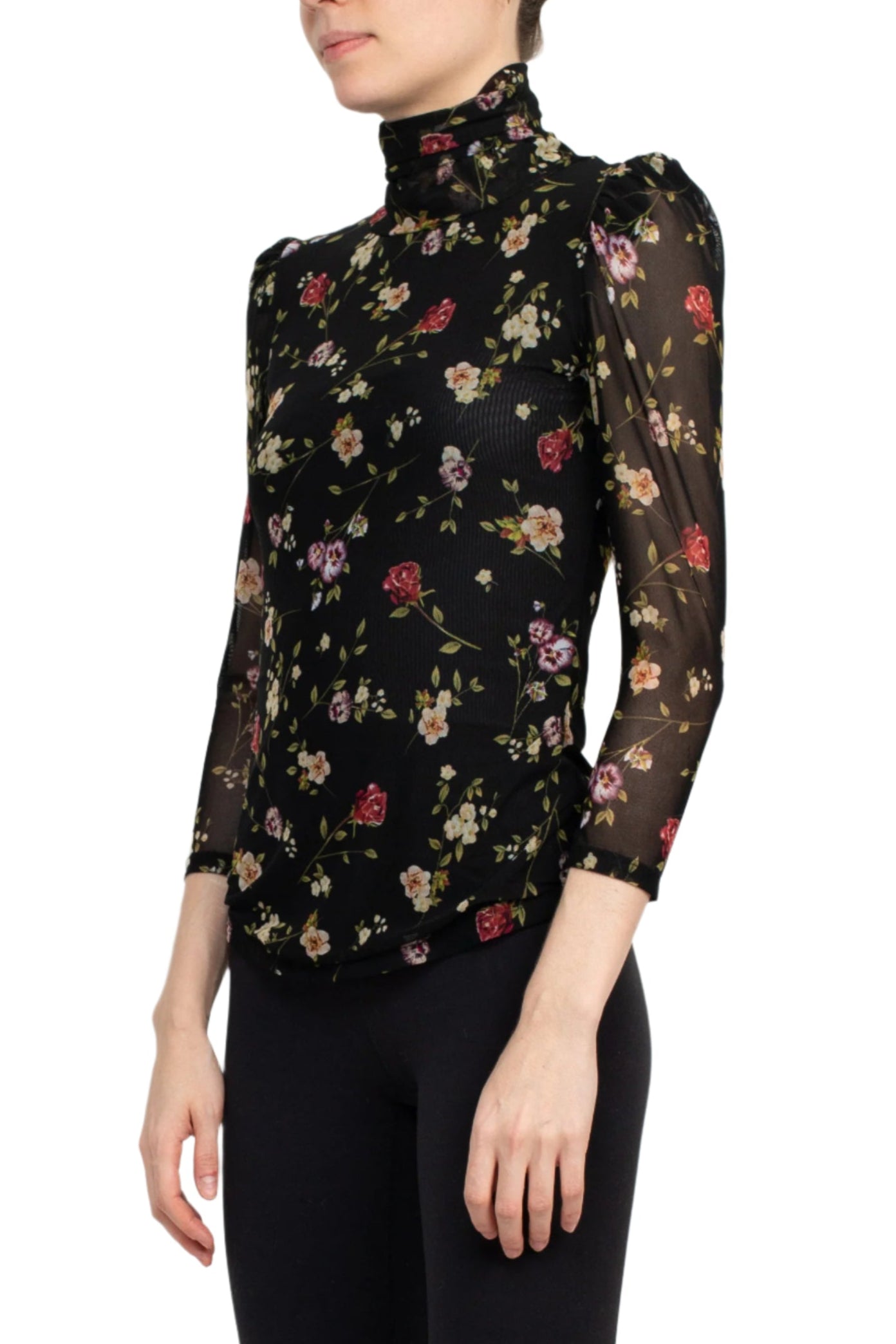 Catherine Malandrino Turtle Neck 3/4 Sleeves Top - FLORAL - Side
