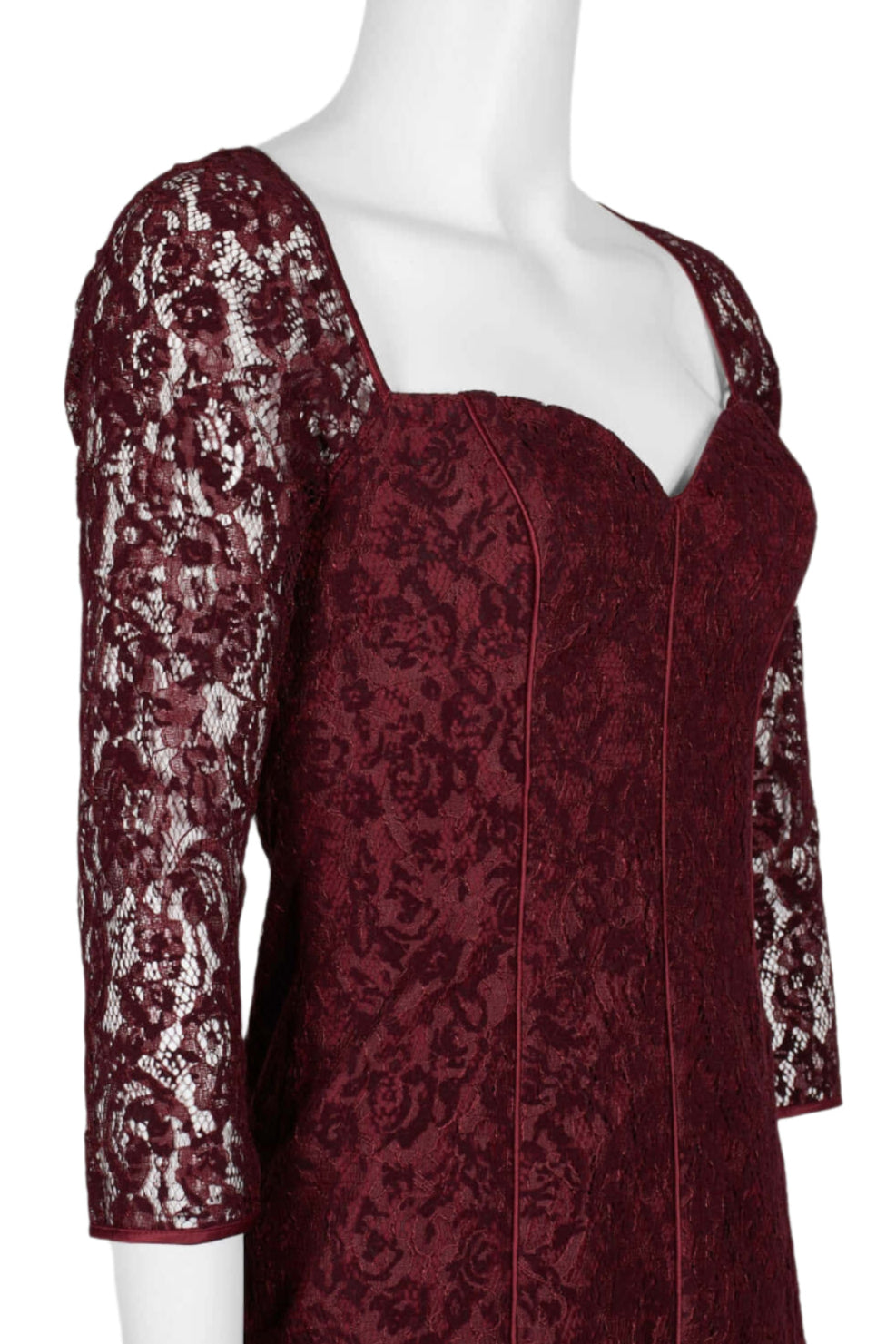Aidan Mattox Queen Anne Neck 3/4 Sleeve Piping Detail Bodycon Zipper Back Cutout Back - WINE - Neck View