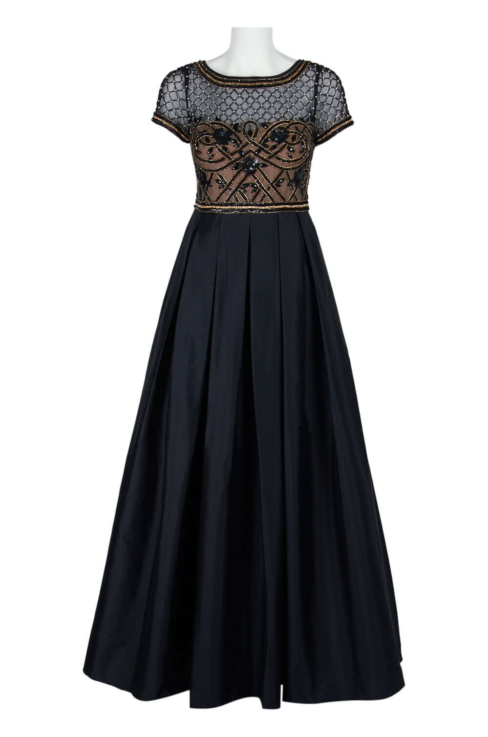 Aidan Mattox Boat Neck Short Sleeve Illusion Embellished Bodice Keyhole Back Mesh Tafetta Dress - BLACK - Front