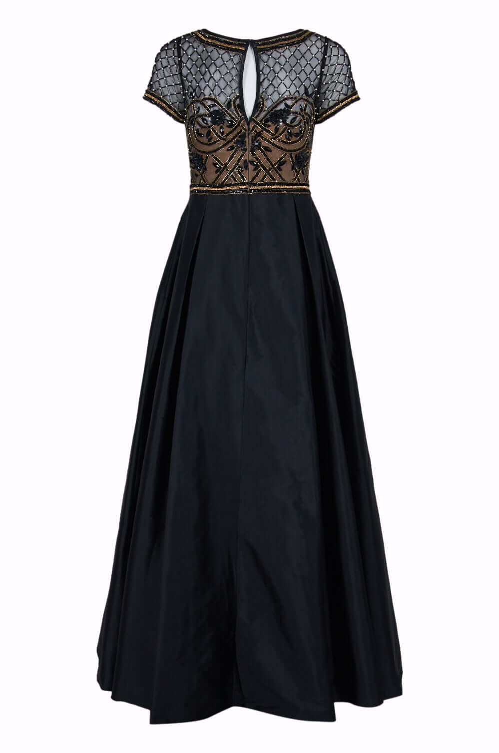 Aidan Mattox Boat Neck Short Sleeve Illusion Embellished Bodice Keyhole Back Mesh Tafetta Dress - BLACK - Back