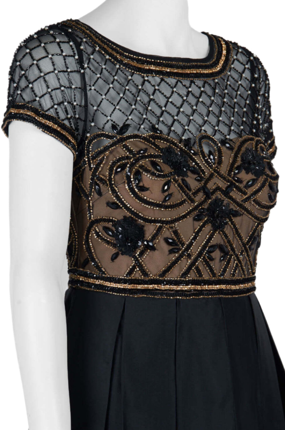 Aidan Mattox Boat Neck Short Sleeve Illusion Embellished Bodice Keyhole Back Mesh Tafetta Dress - BLACK - Neck