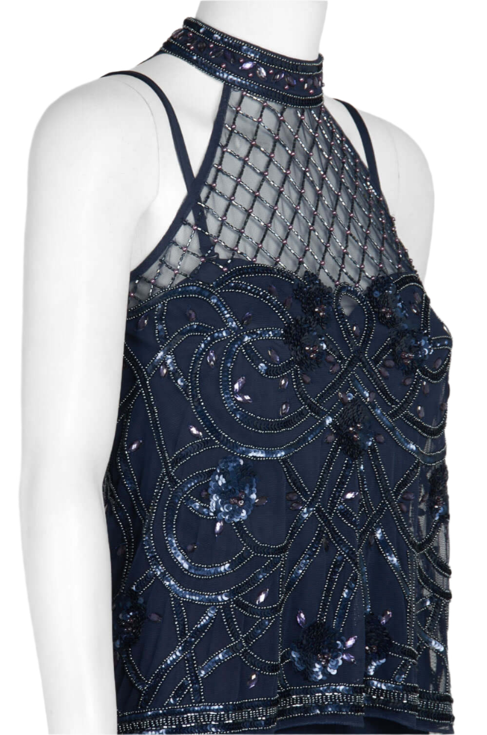 Aidan Mattox Halter Neck Illusion Embellished Popover Keyhole Back Mesh Stretch Crepe Jumpsuit - MIDNIGHT - side