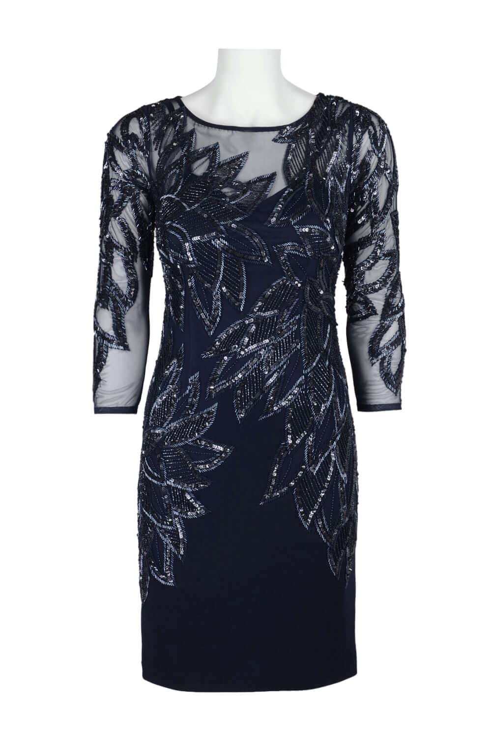Aidan Mattox Scoop Neck Three Quarter Sleeve Keyhole Back Embellished Mesh Dress - TWILIGHT - Front