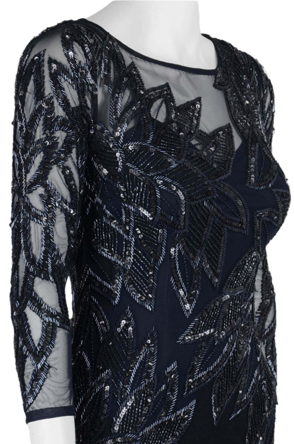 Aidan Mattox Scoop Neck Three Quarter Sleeve Keyhole Back Embellished Mesh Dress - TWILIGHT - Fabric