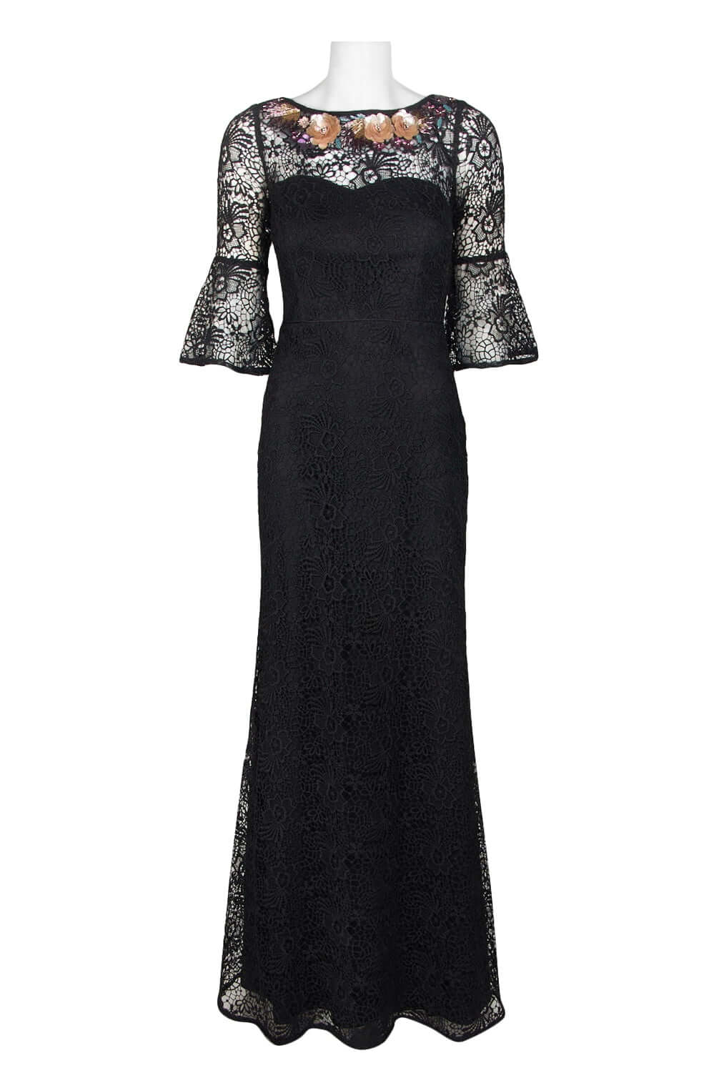 Aidan Mattox Embellished Boat Neck Circular Flounce 3/4 Sleeve Scoop Back Floral Lace Gown - BLACK -  Front