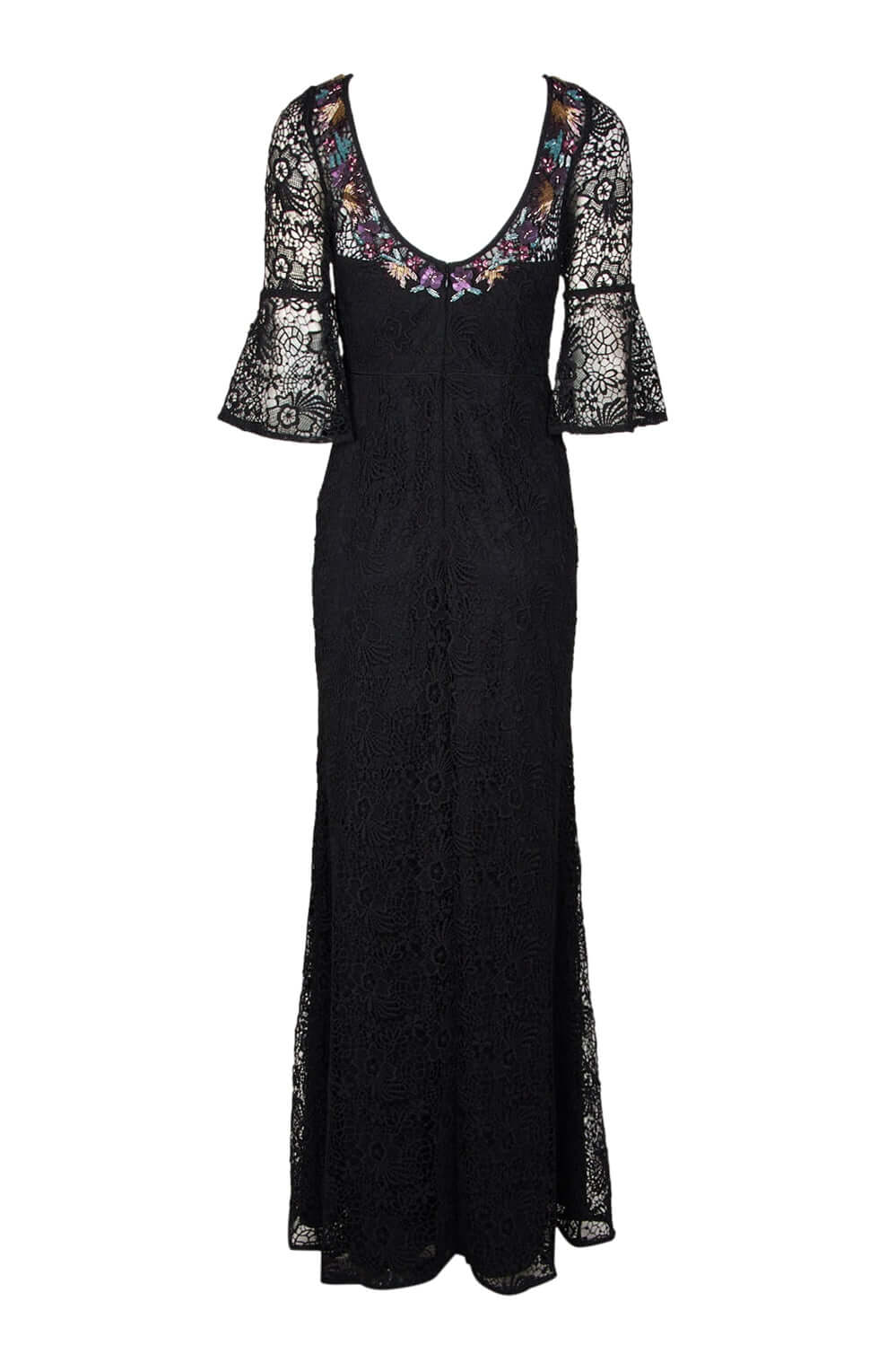 Aidan Mattox Embellished Boat Neck Circular Flounce 3/4 Sleeve Scoop Back Floral Lace Gown - BLACK -  Back