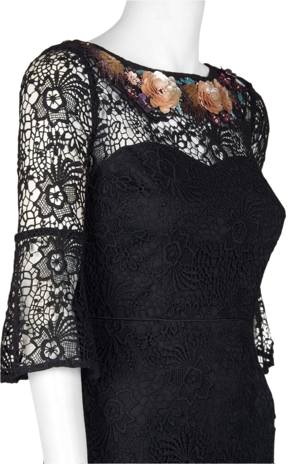 Aidan Mattox Embellished Boat Neck Circular Flounce 3/4 Sleeve Scoop Back Floral Lace Gown - BLACK - Back