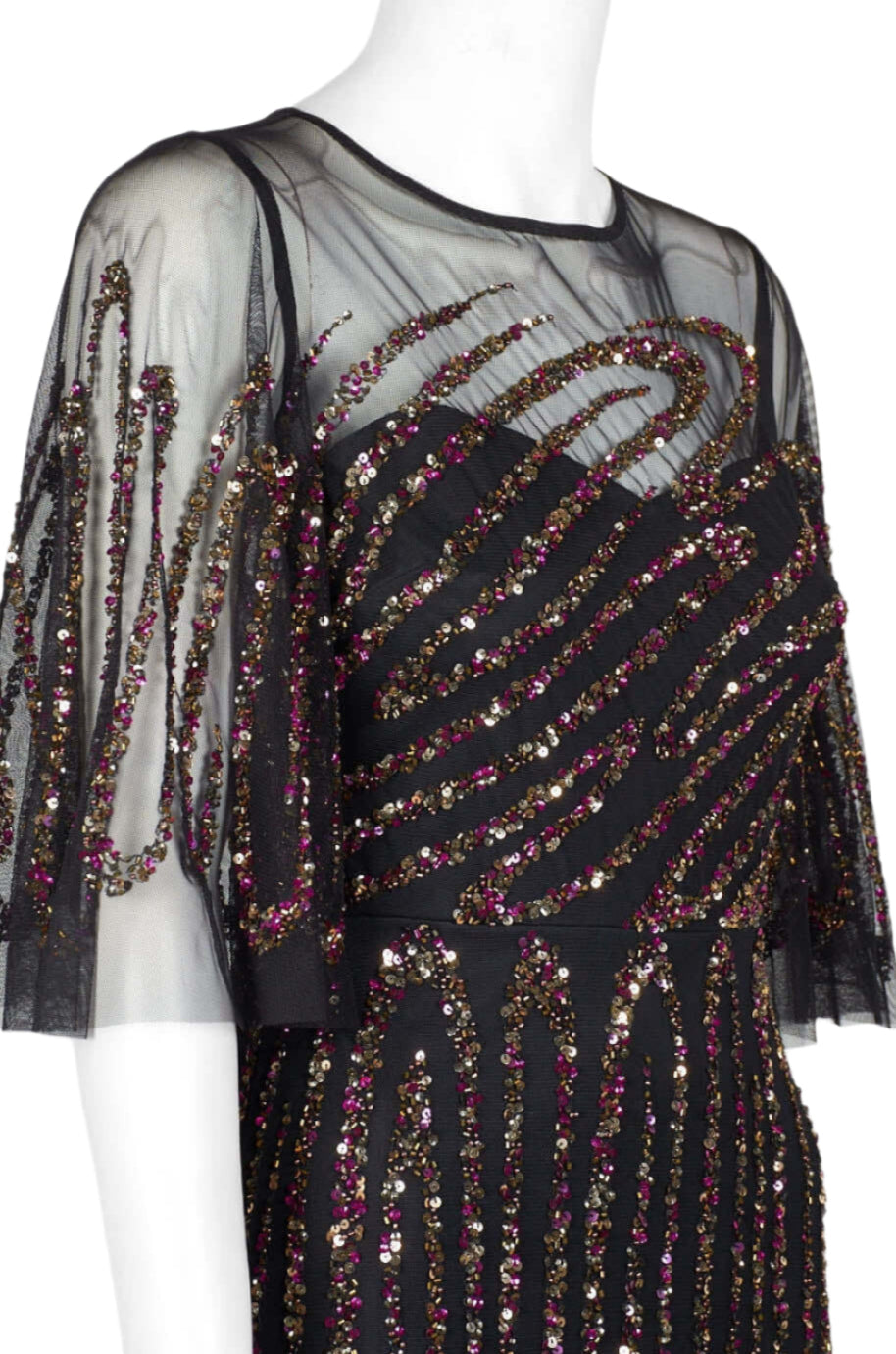 Aidan Mattox Crew Neck Illusion Embellished Sheath Keyhole Back Mesh Dress - BLACK MULTI - Neck View