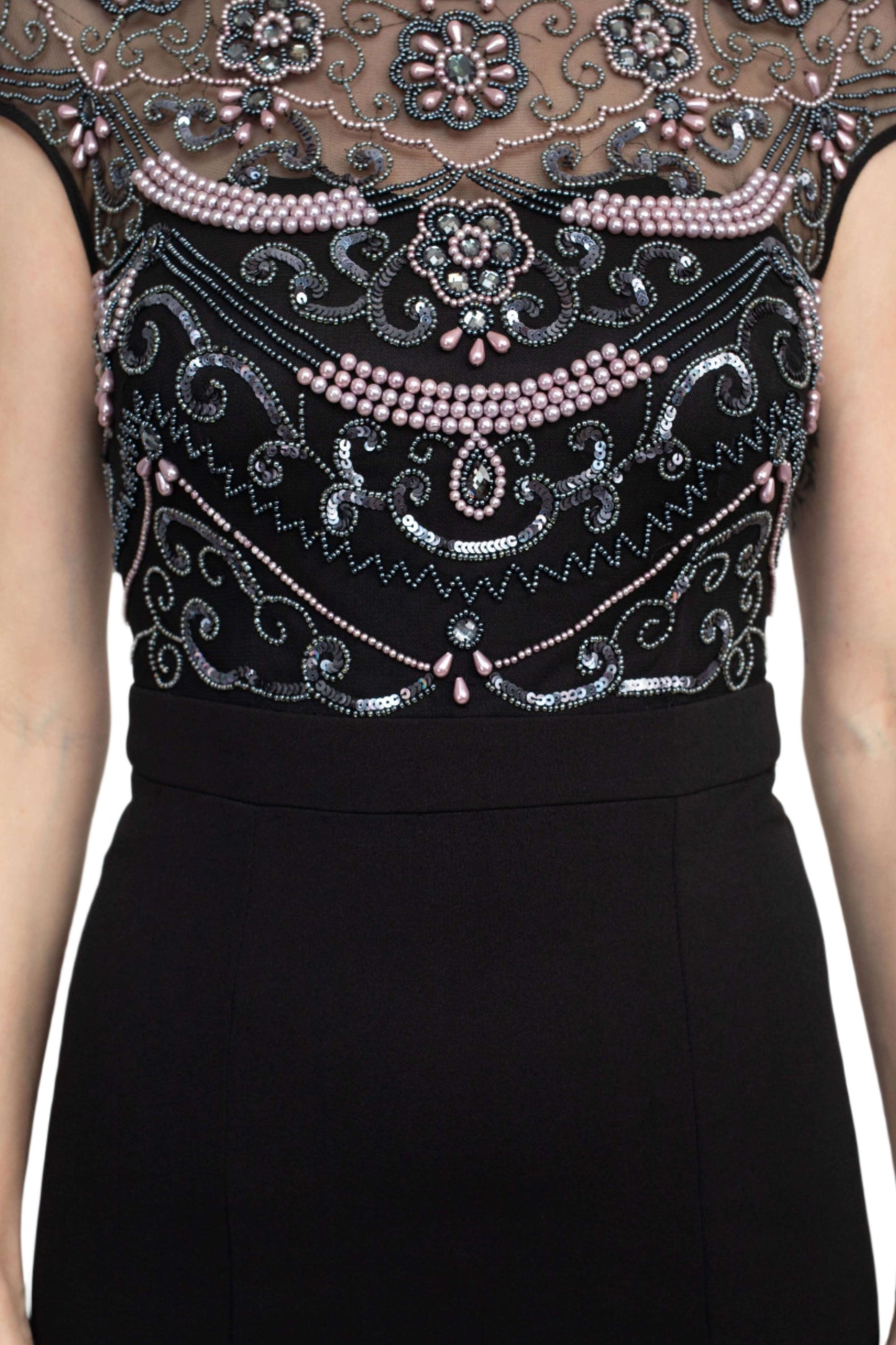 Aidan Mattox Embellished Mesh Bodice Crew Neck Cap Sleeve Keyhole Back Stretch Crepe Gown - BLACK - Fabric