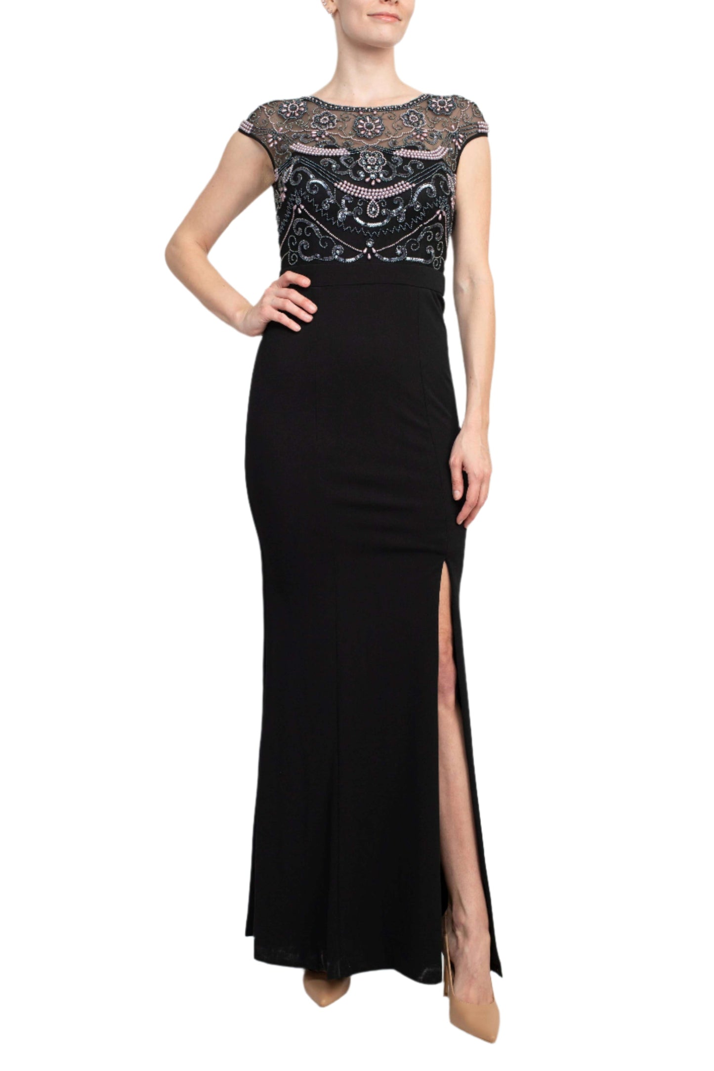 Aidan Mattox Embellished Mesh Bodice Crew Neck Cap Sleeve Keyhole Back Stretch Crepe Gown - BLACK - Front View