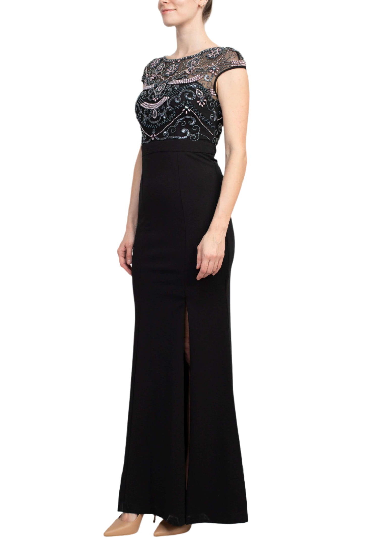 Aidan Mattox Embellished Mesh Bodice Crew Neck Cap Sleeve Keyhole Back Stretch Crepe Gown - BLACK - Side
