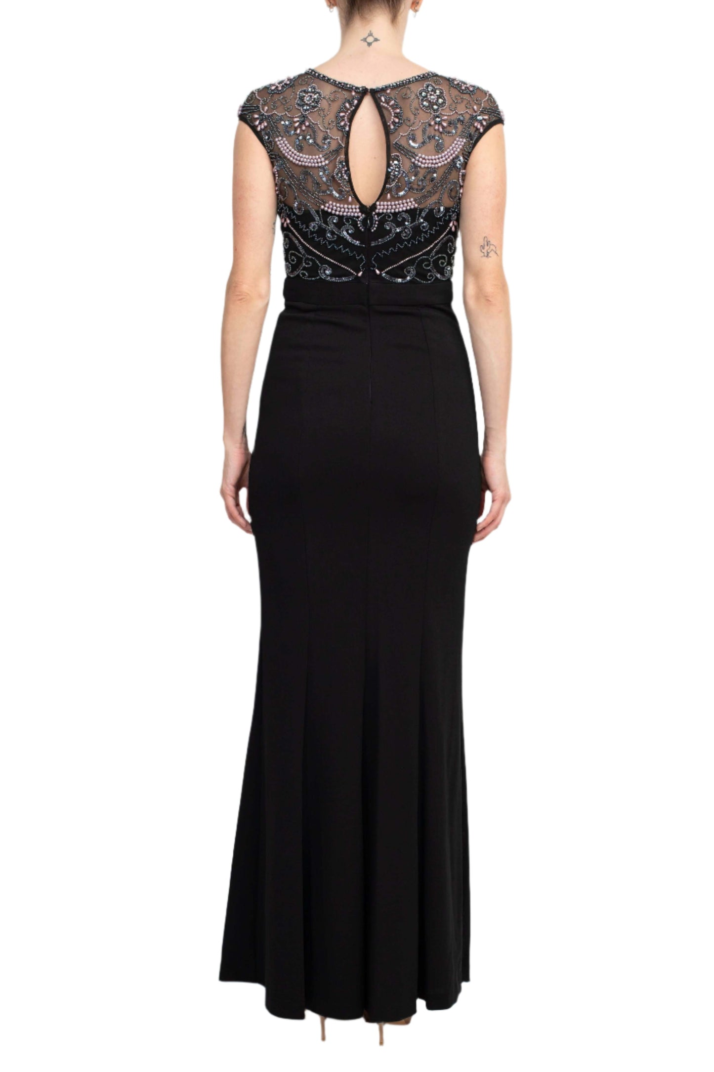 Aidan Mattox Embellished Mesh Bodice Crew Neck Cap Sleeve Keyhole Back Stretch Crepe Gown - BLACK - Back