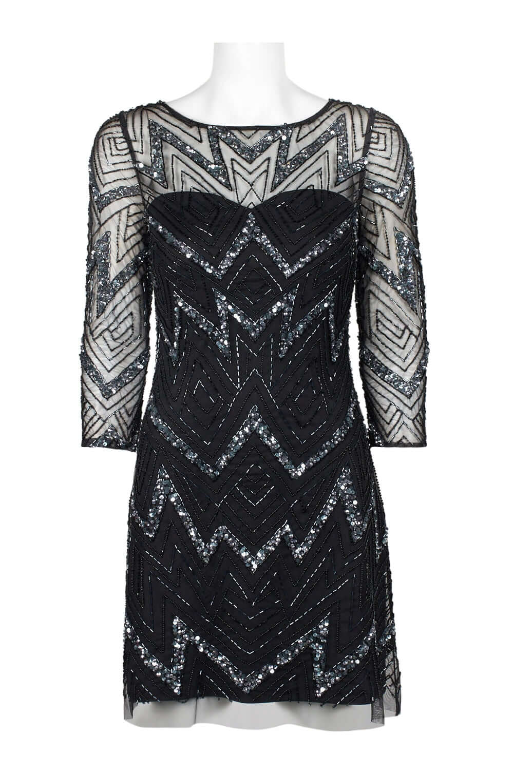 Aidan Mattox Boat Neck Illusion 3/4 Sleeve Zipper Back Embellished Mesh Dress - GUNMETAL - Front