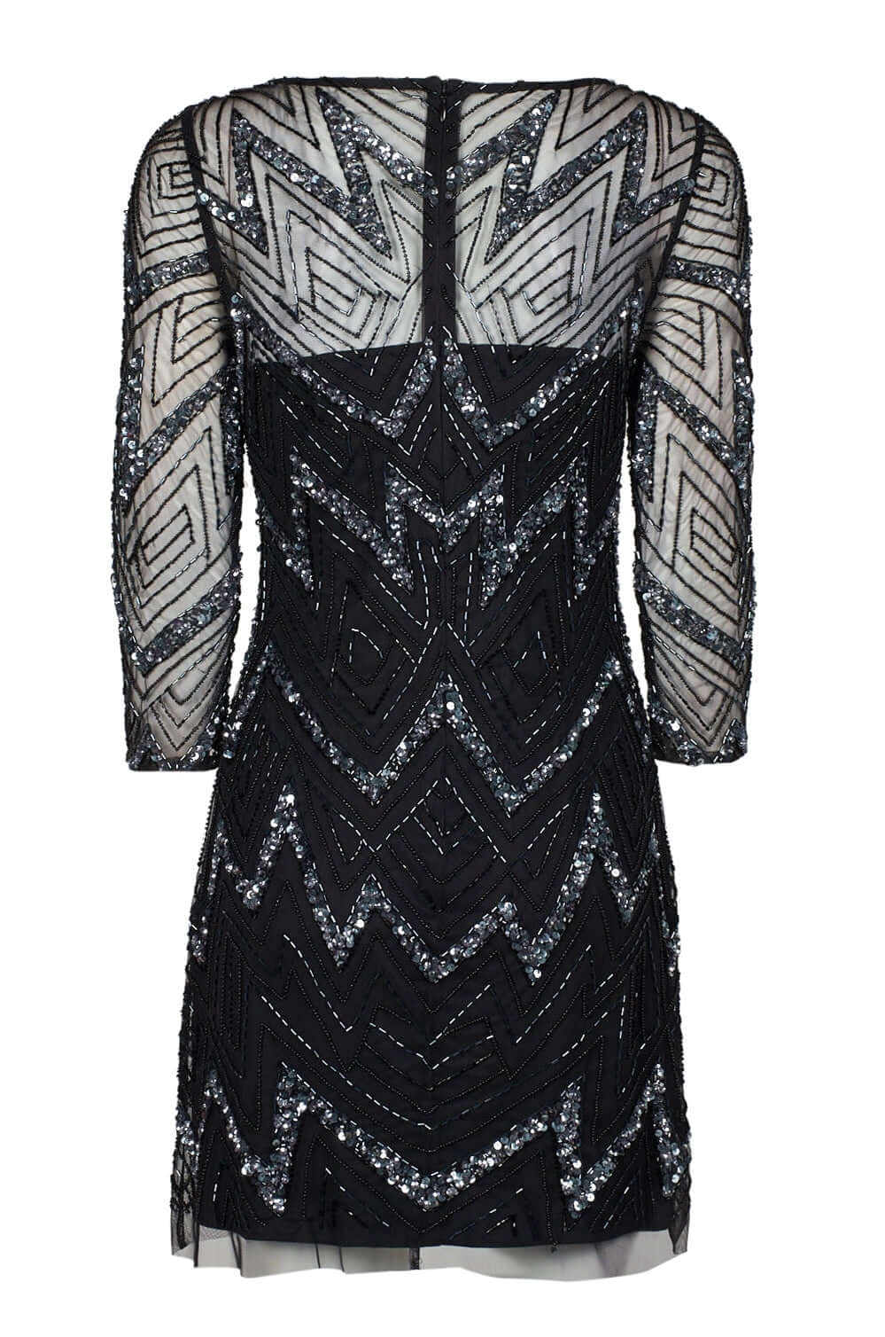 Aidan Mattox Boat Neck Illusion 3/4 Sleeve Zipper Back Embellished Mesh Dress - GUNMETAL - Back