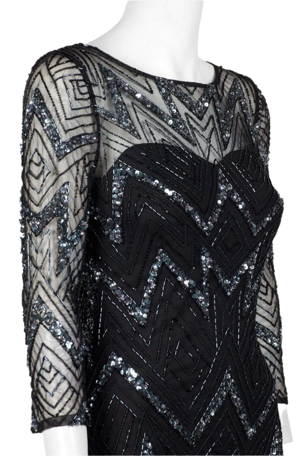 Aidan Mattox Boat Neck Illusion 3/4 Sleeve Zipper Back Embellished Mesh Dress - GUNMETAL - Side