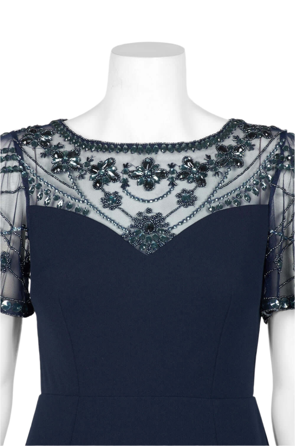 Aidan Mattox Boat Neck Short Sleeve Column Slit Side Zipper Back Embellished Top Stretch Crepe Dress - TWILIGHT - Neck