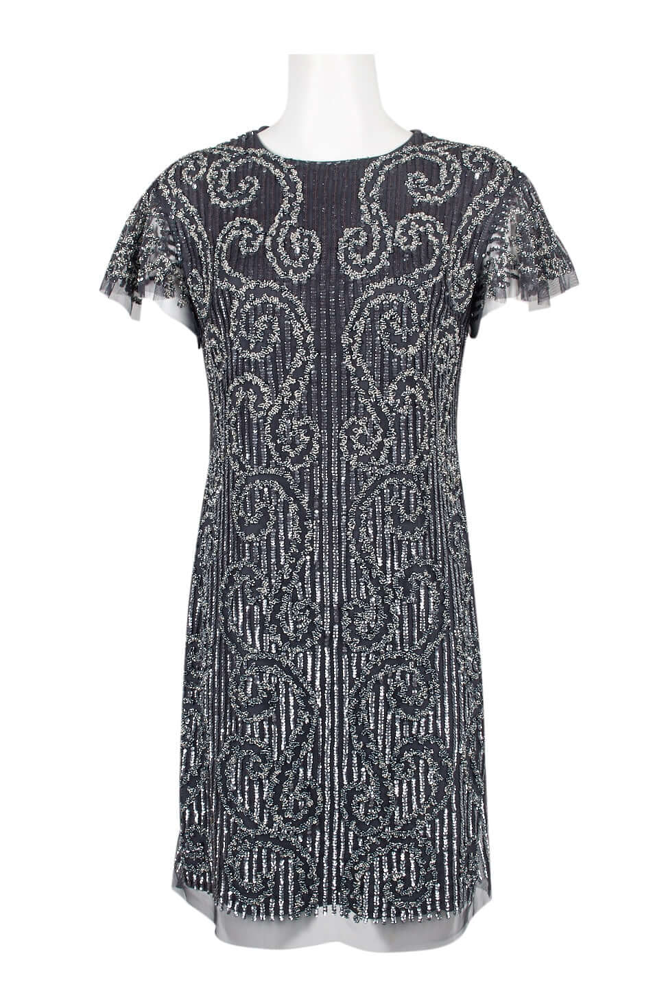 Aidan Mattox Crew Neck Short Sleeve Zipper Back Embellished Mesh Dress - GUNMETAL - front view