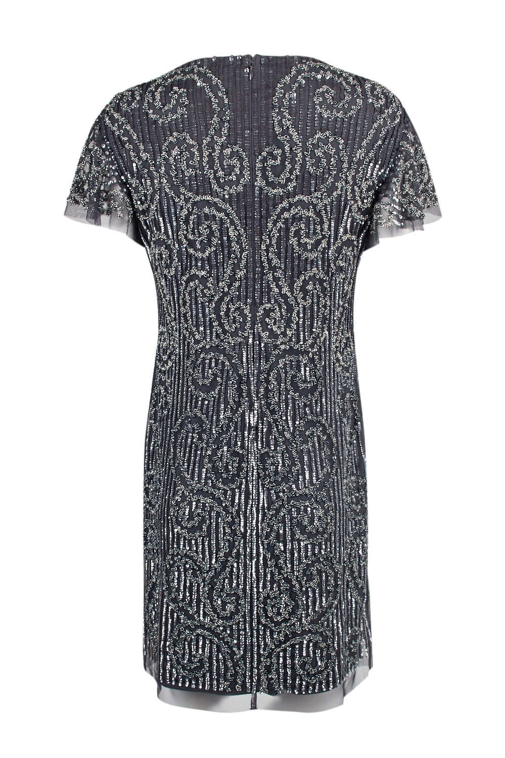 Aidan Mattox Crew Neck Short Sleeve Zipper Back Embellished Mesh Dress - GUNMETAL- back
